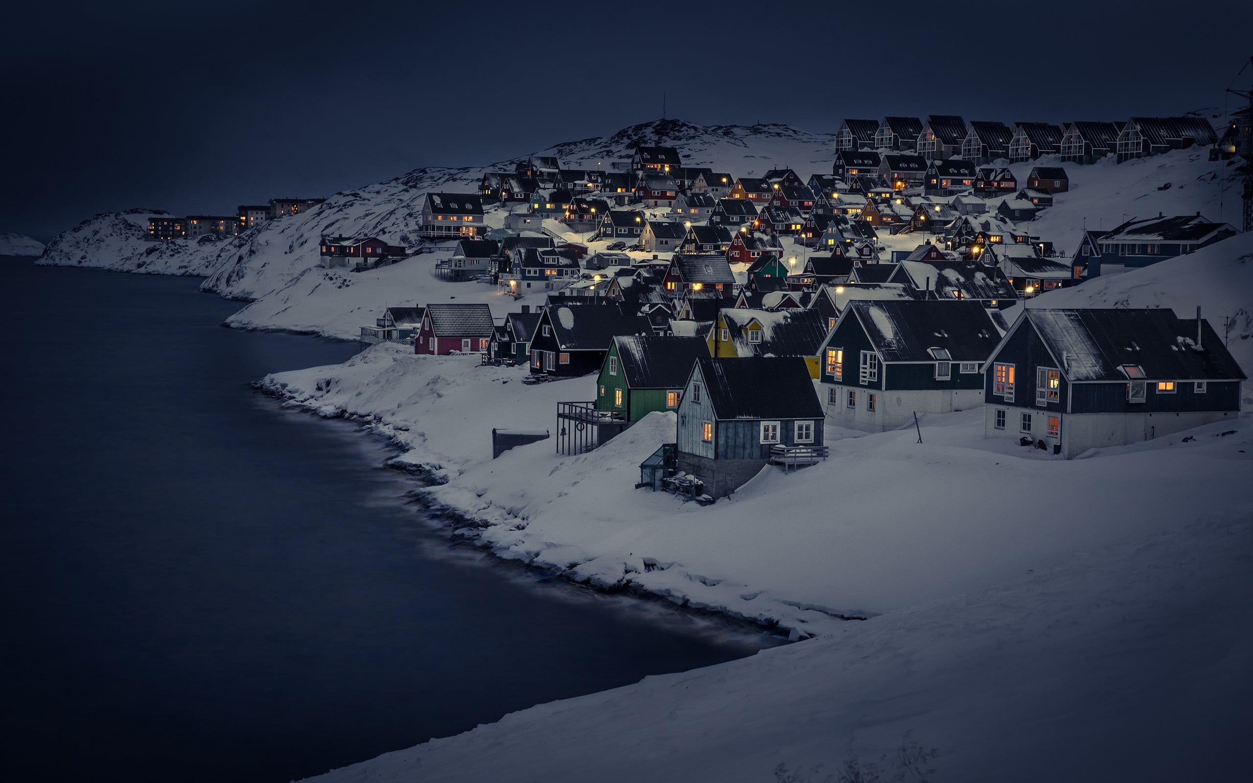 Nuuk, Greenland, Snowy houses, Body of water, 2560x1600 HD Desktop