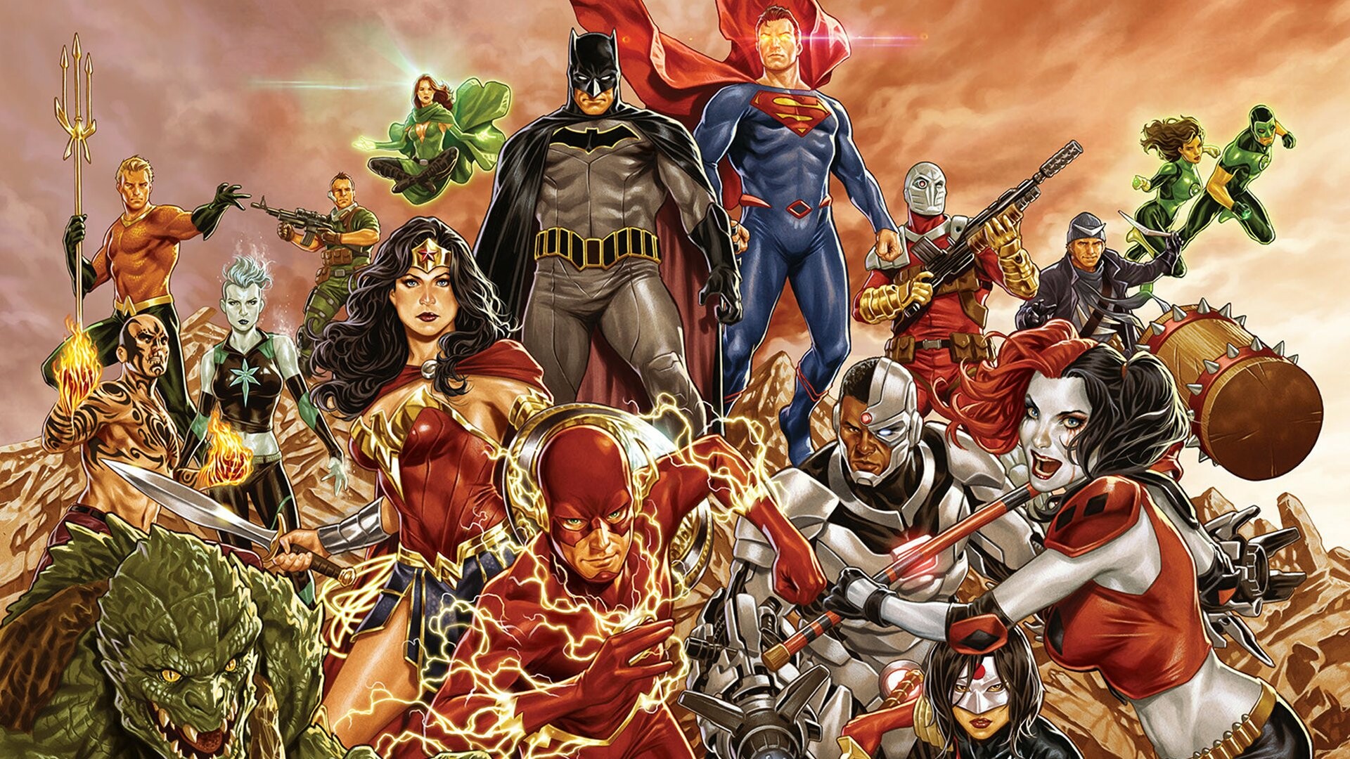 DC: Batman, Wonder Woman, Flash, Cyborg, Superman, Green Lantern, Harley Quinn. 1920x1080 Full HD Wallpaper.