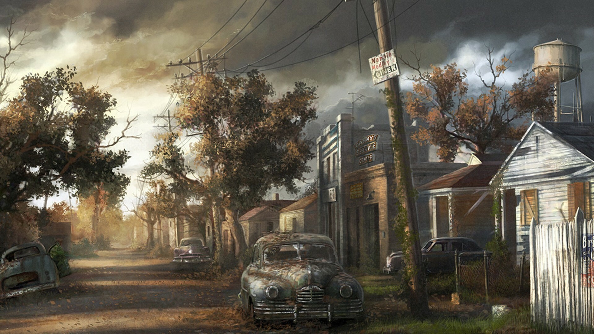 Post-apocalypse: Deserted buildings tumbling into ruins, Abandoned cars. 1920x1080 Full HD Background.