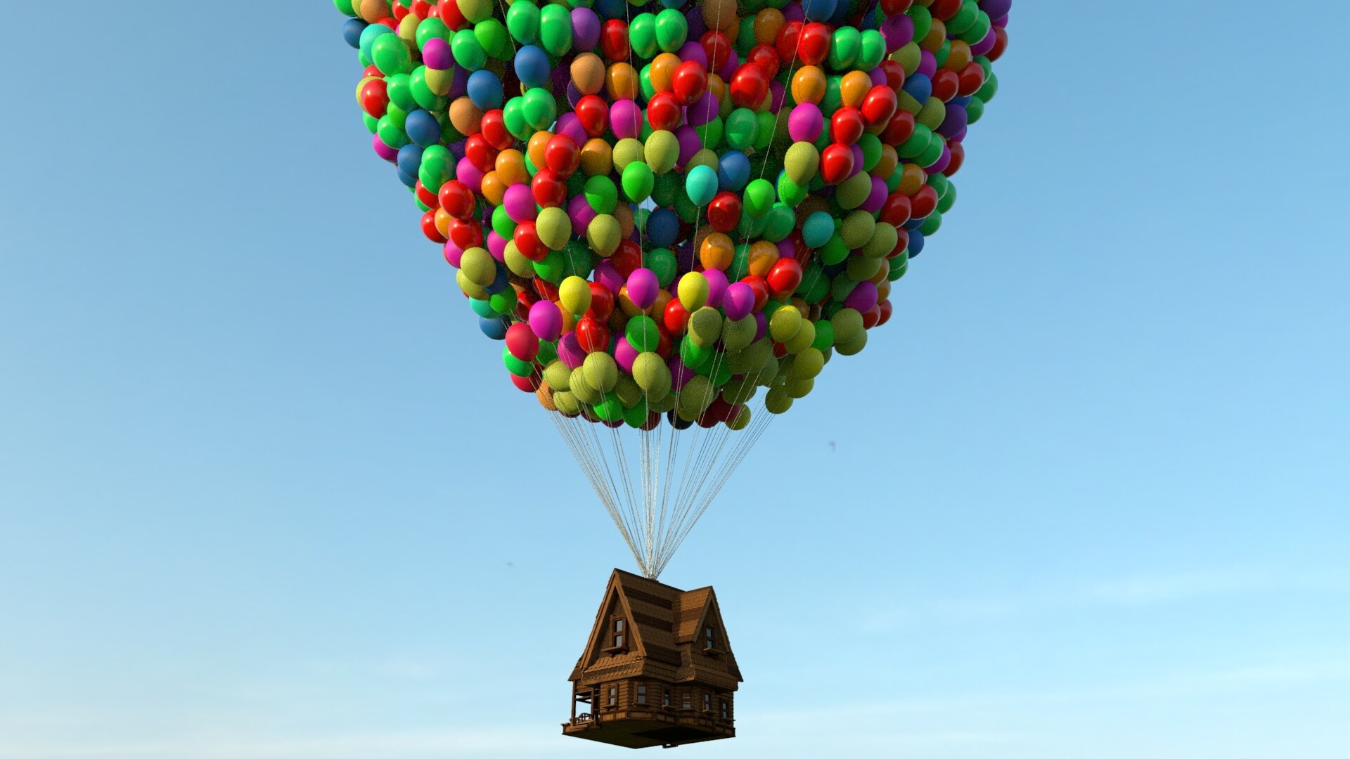 Cluster Ballooning: Minimalistic flying house fan model, Up animated cartoon, Pixar Animation Studio 2009. 1920x1080 Full HD Background.