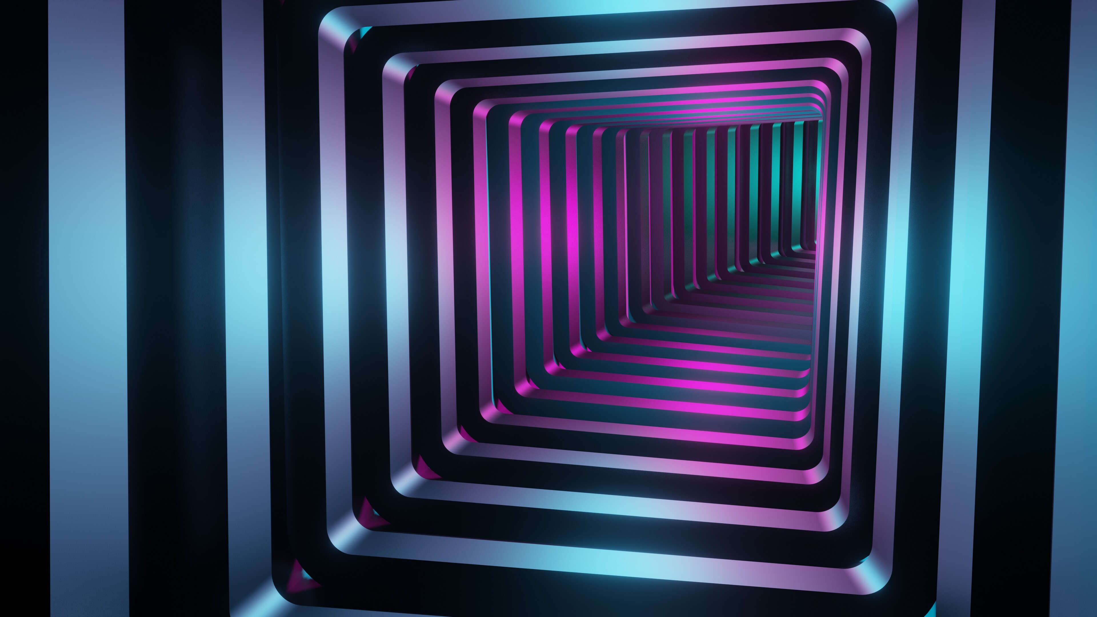 Glow in the Dark: Rectangle tunnel, Neon lighting, Infinity, Squares. 3840x2160 4K Wallpaper.