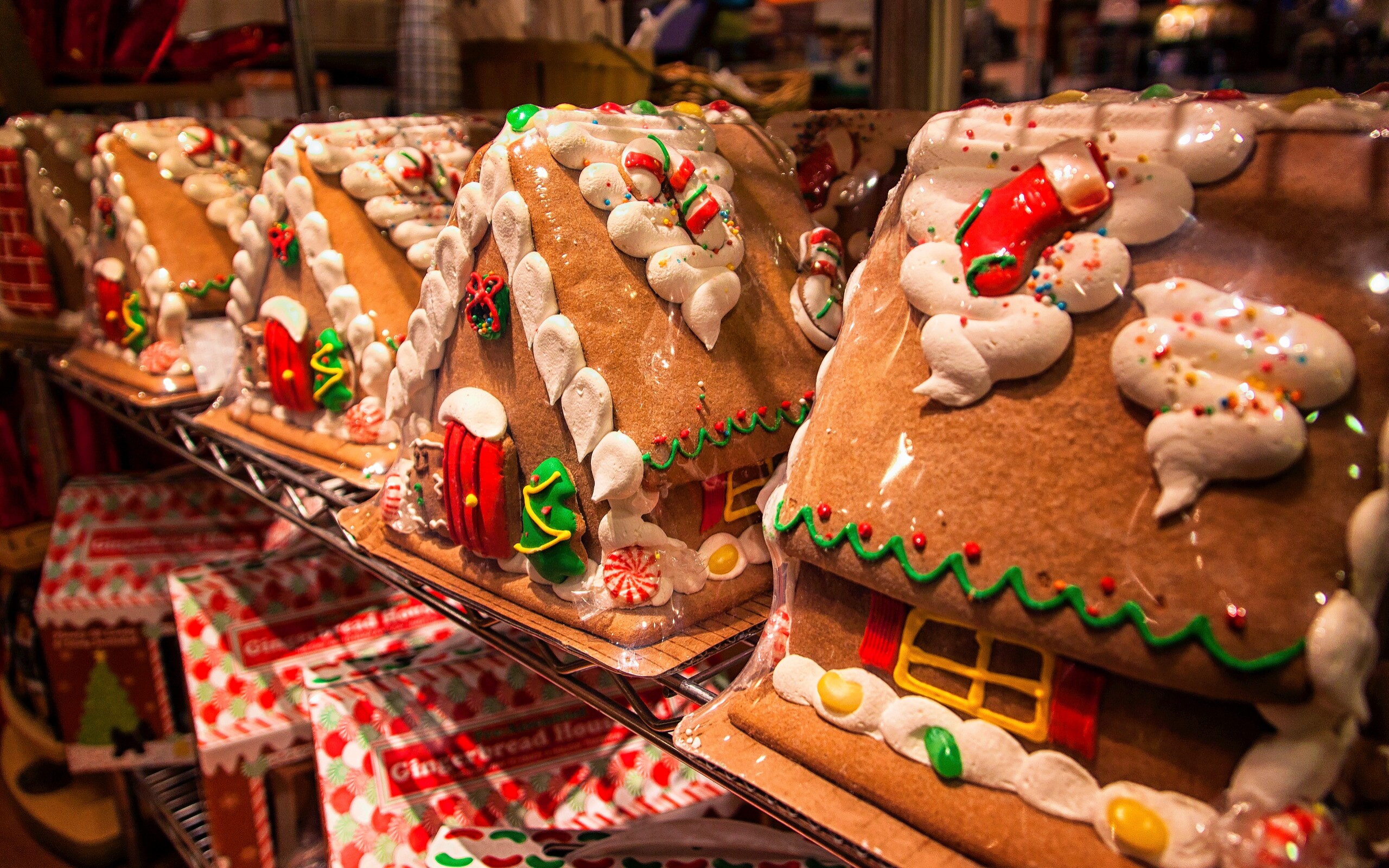 Gingerbread House: Elaborate cookie-walled houses, Intricately piped icing decorations, Sprinkles. 2560x1600 HD Wallpaper.