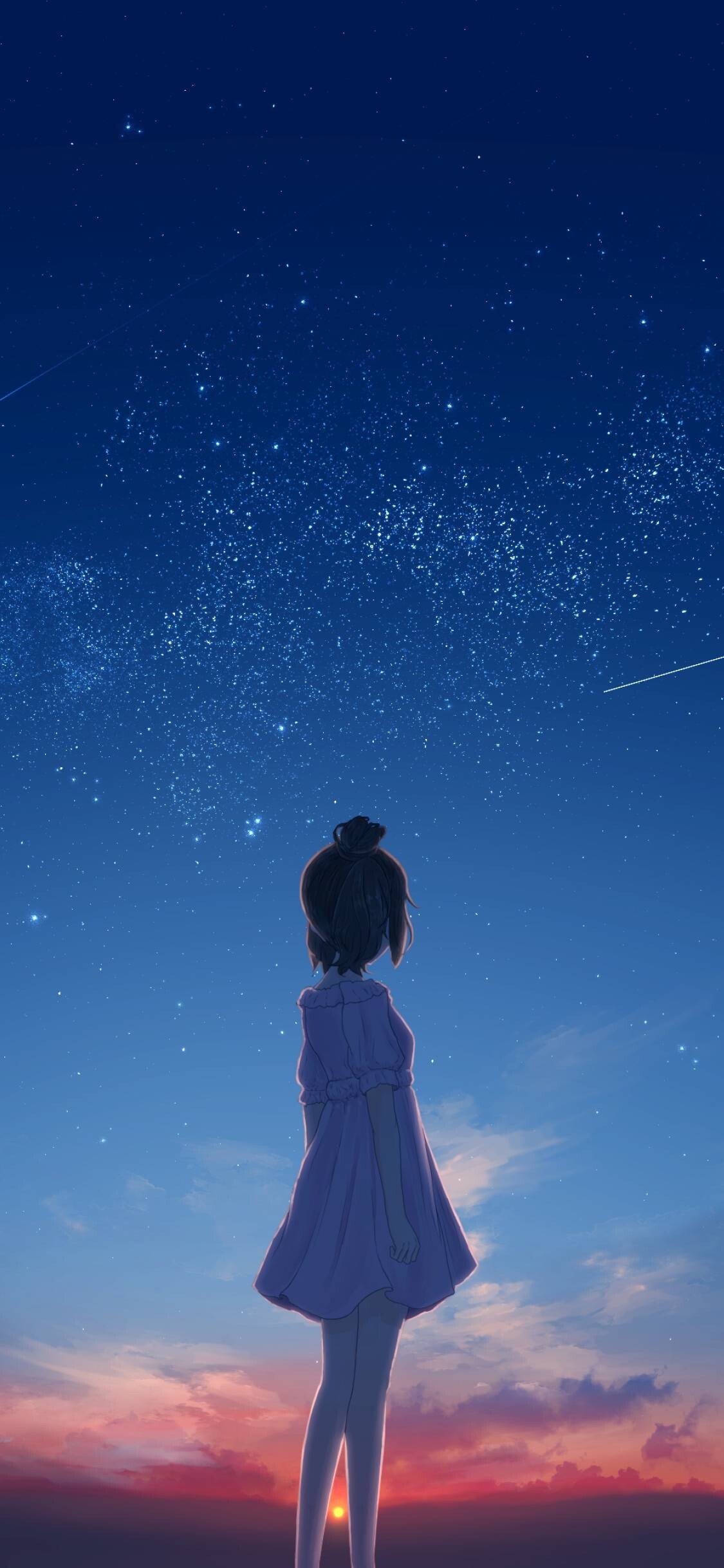 Girly: Anime character, The rising sun, The girl watching the falling star. 1130x2440 HD Background.