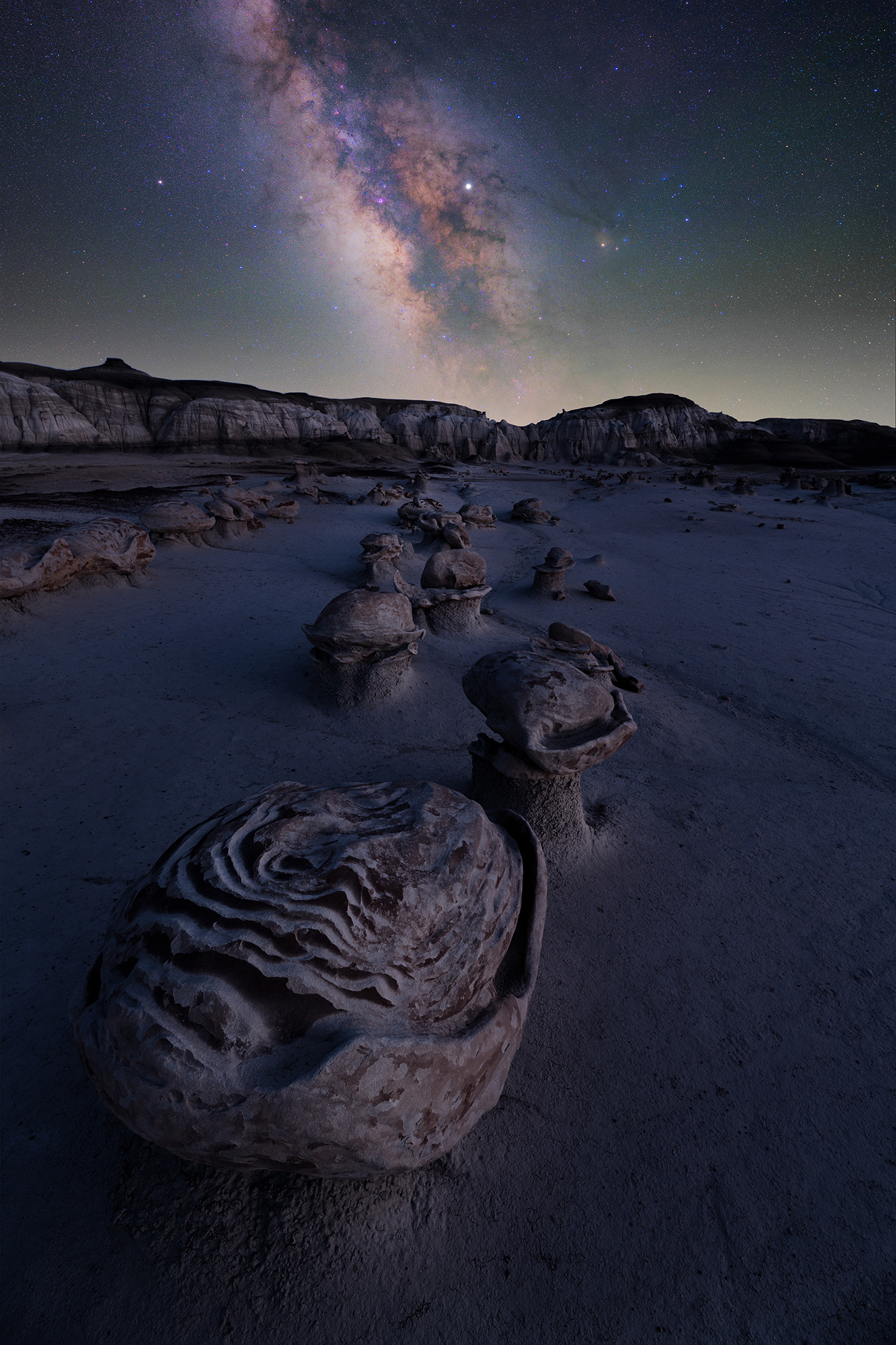 Bisti Badlands, Milky Way spectacle, Otherworldly formations, Nighttime photographic gem, 1330x1990 HD Handy