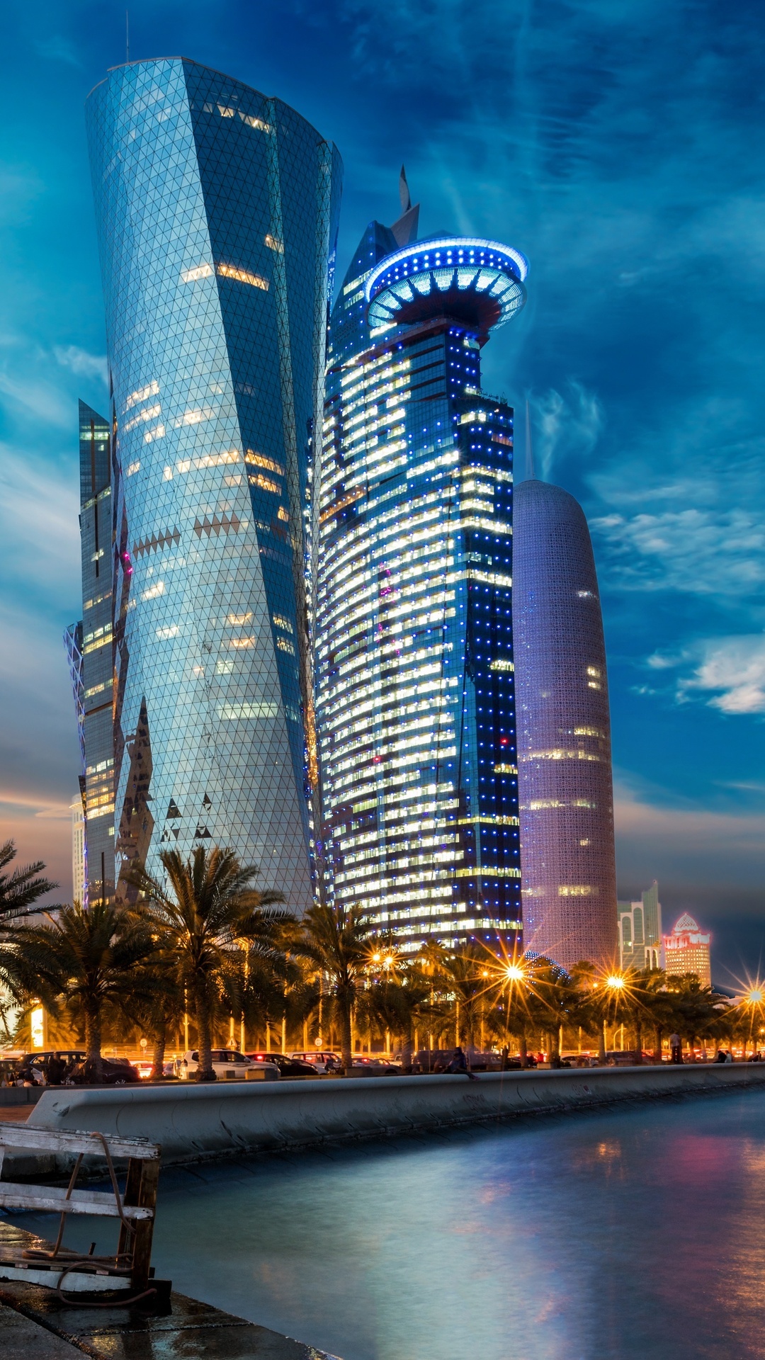Evening skyline, Skyscrapers, Qatar city lights, Urban aesthetics, 1080x1920 Full HD Phone
