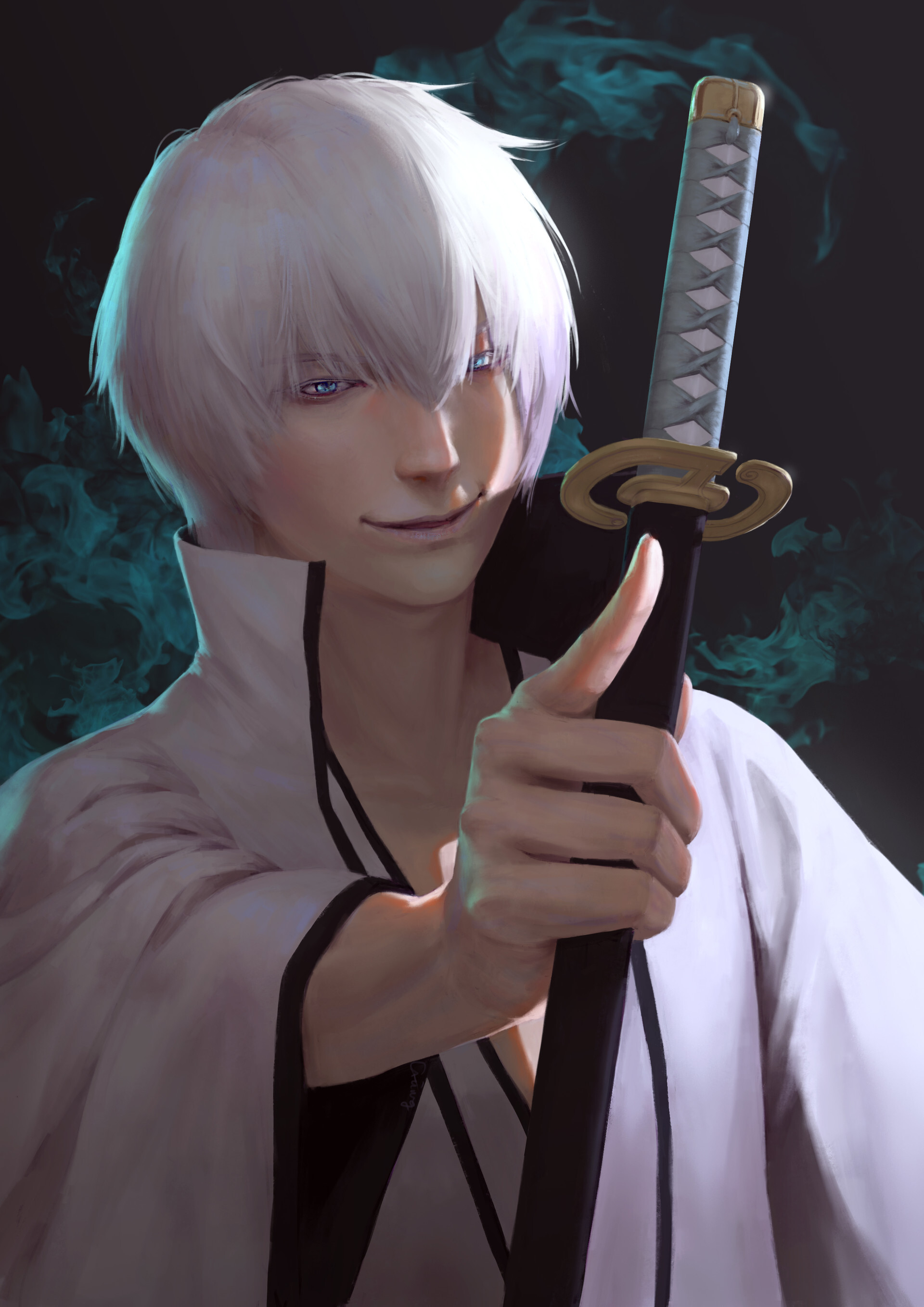 Gin Ichimaru: The former lieutenant of the 5th Division under Sōsuke Aizen, Noticeably open icy blue eyes. 1920x2720 HD Background.