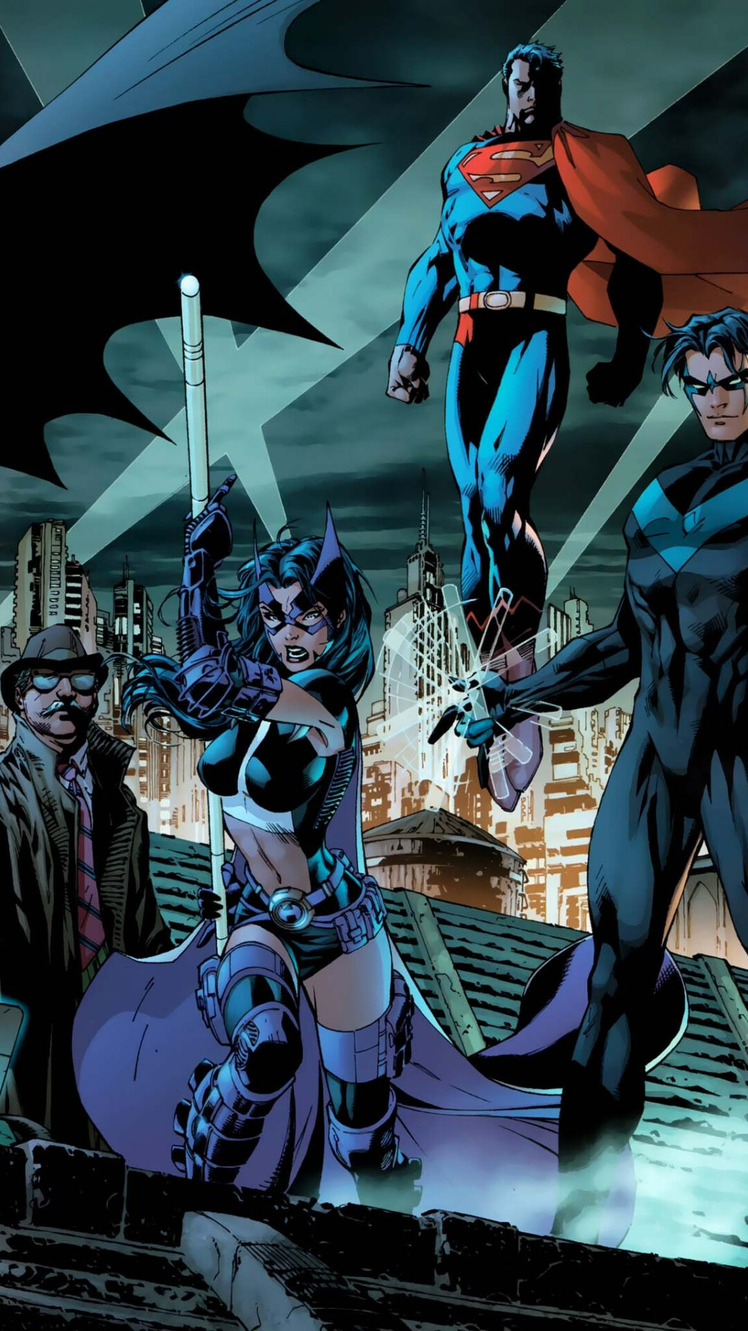 DC Heroes: Nightwing, Batgirl, Superman, Commissioner Gordon, Huntress. 1080x1920 Full HD Background.