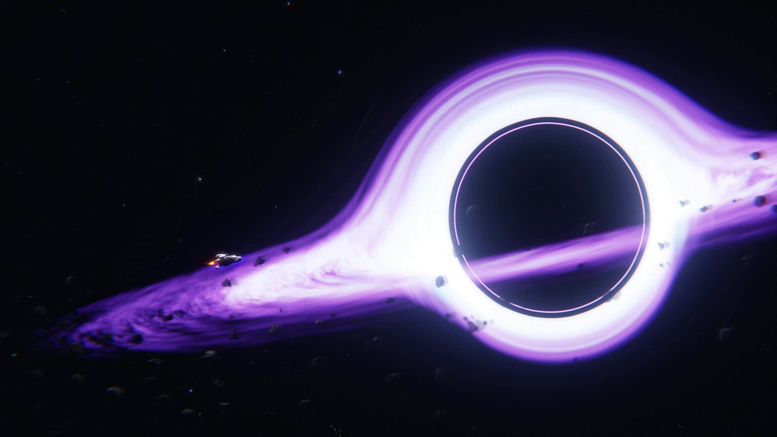 Black Hole: Dark matter, Spaceship, Universe. 2560x1440 HD Background.