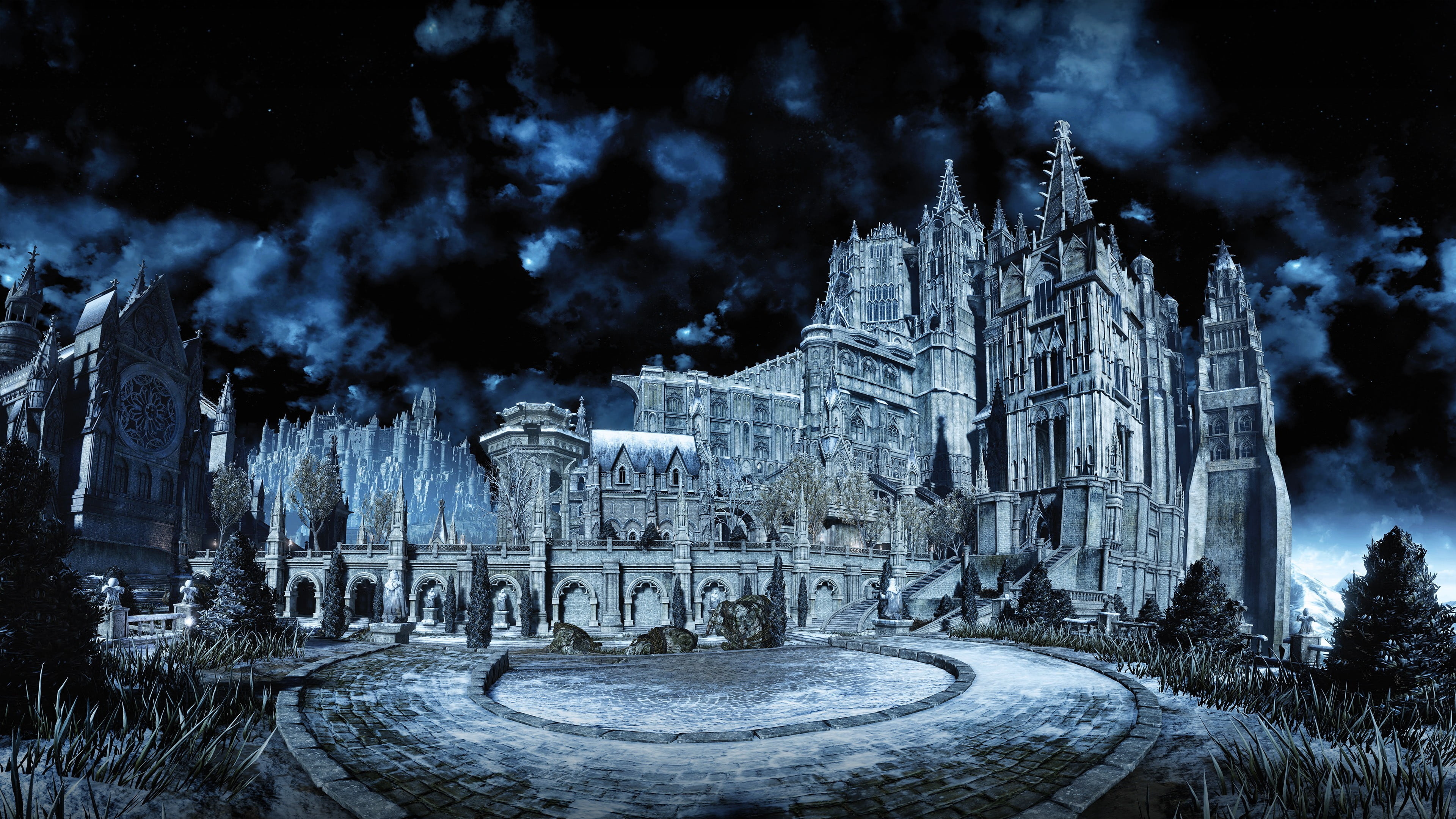 Gothic Architecture: Black castle, Dark Souls III, Video game, Irithyll of the Boreal Valley. 3840x2160 4K Background.