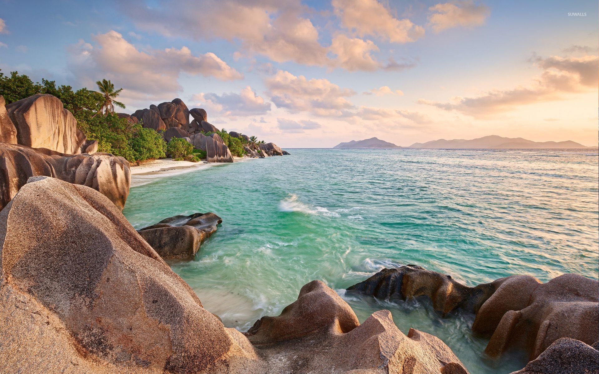 Rocky shore scenery, Seychelles beaches, Coastal beauty, Tranquil landscapes, 1920x1200 HD Desktop