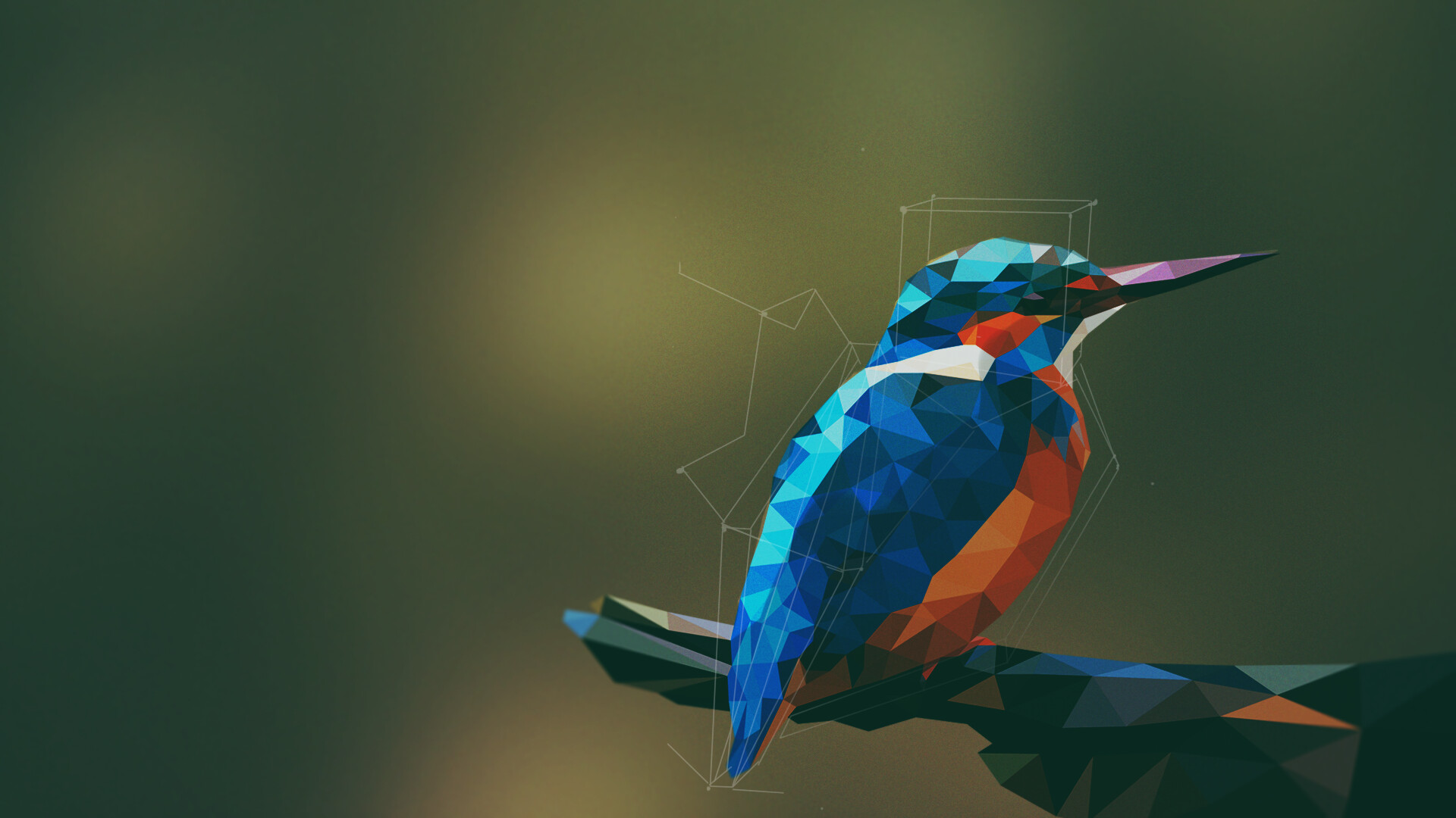 Geometric Animal: Birds, Kingfisher, Low Poly Art, Simple Drawing, Abstract Polygonal. 1920x1080 Full HD Wallpaper.