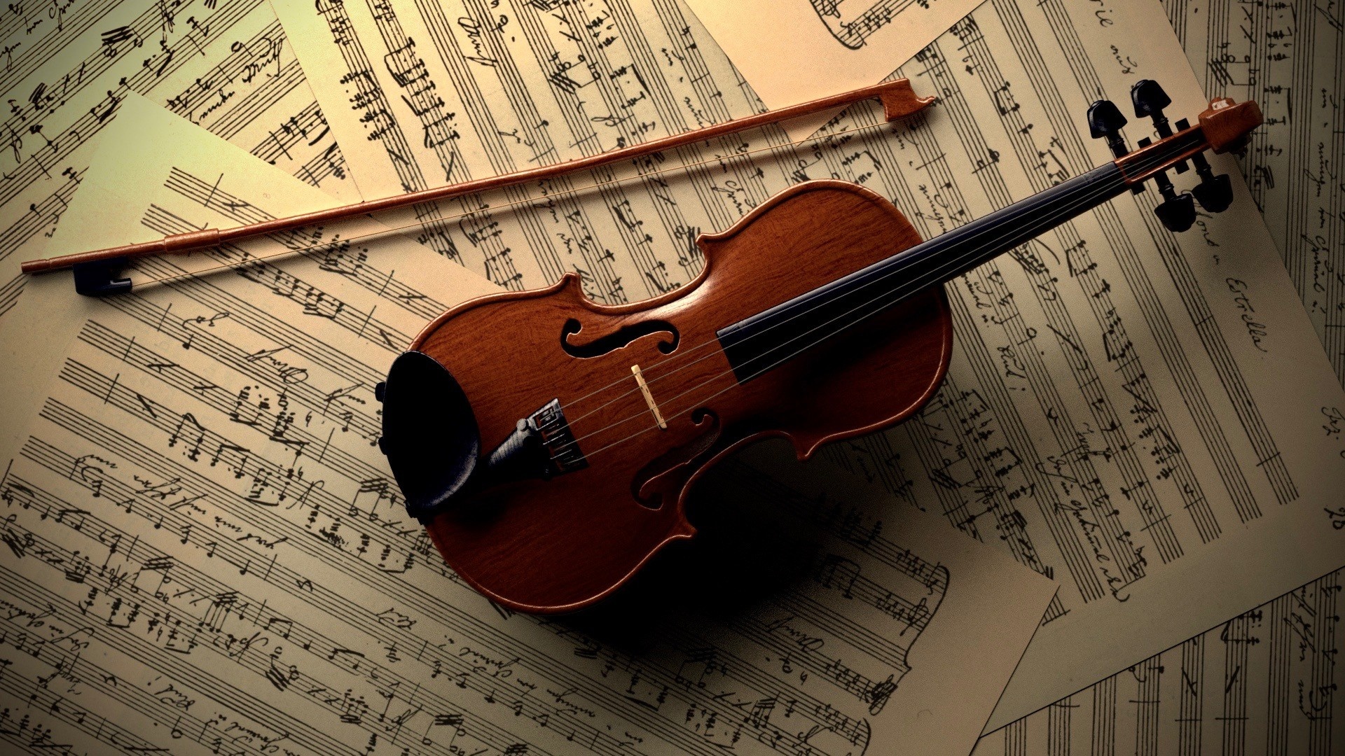 Viola: 3D Art-Realism, Lacquered Wood Texture, A Modern Take On The Presentation Of A Classic, Musical Score. 1920x1080 Full HD Wallpaper.