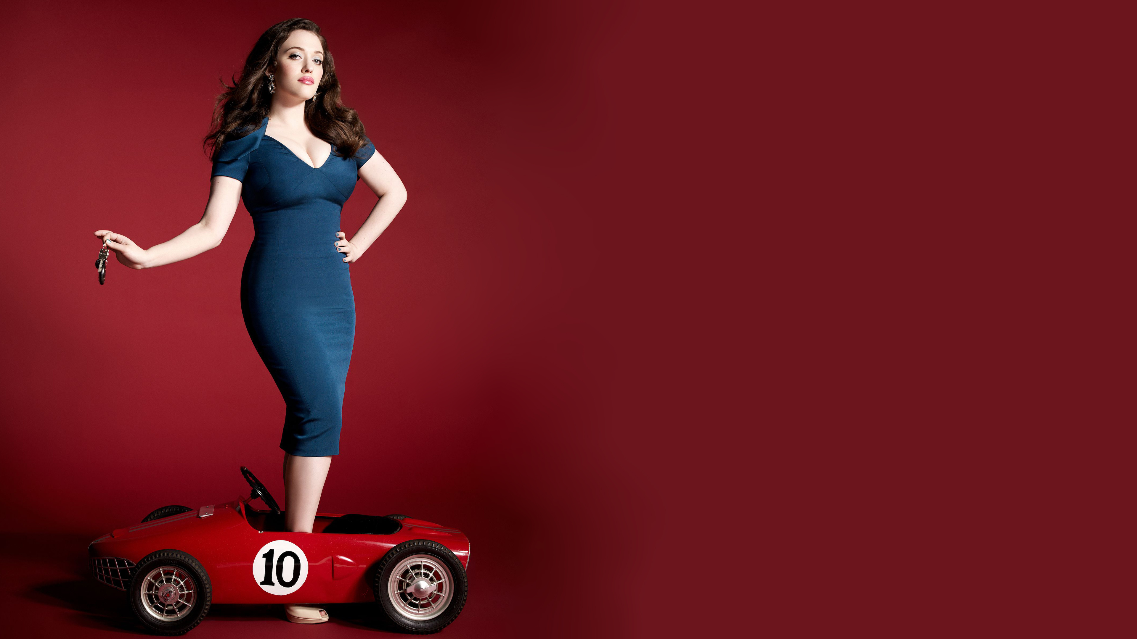Brunette dress, Red background, Toys hands on hips, Blue dress women, 3840x2160 4K Desktop