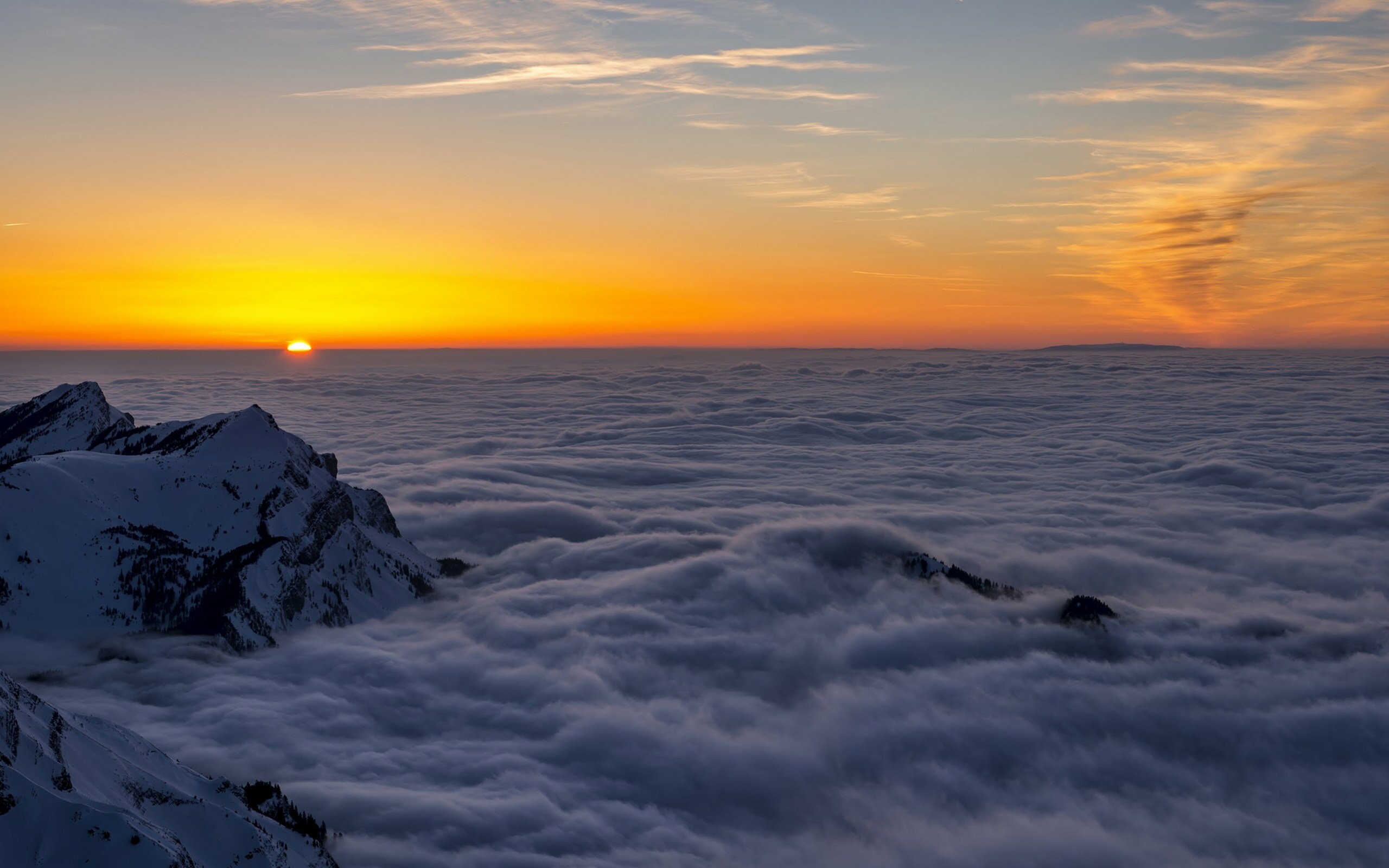 Sunrise: Crack of dawn, Sun illuminating the tops of clouds, Mountain range. 2560x1600 HD Wallpaper.