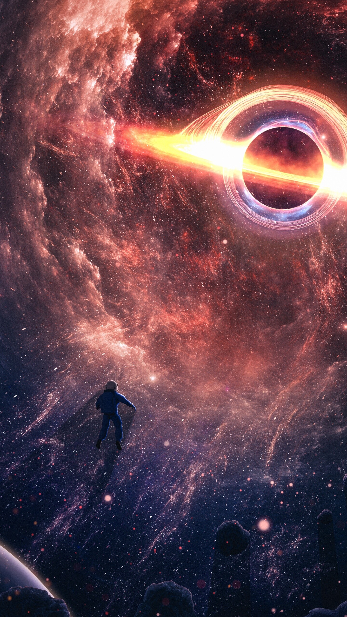 Black Hole: Astronaut, Deep space, Universe, Cosmos. 1440x2560 HD Wallpaper.