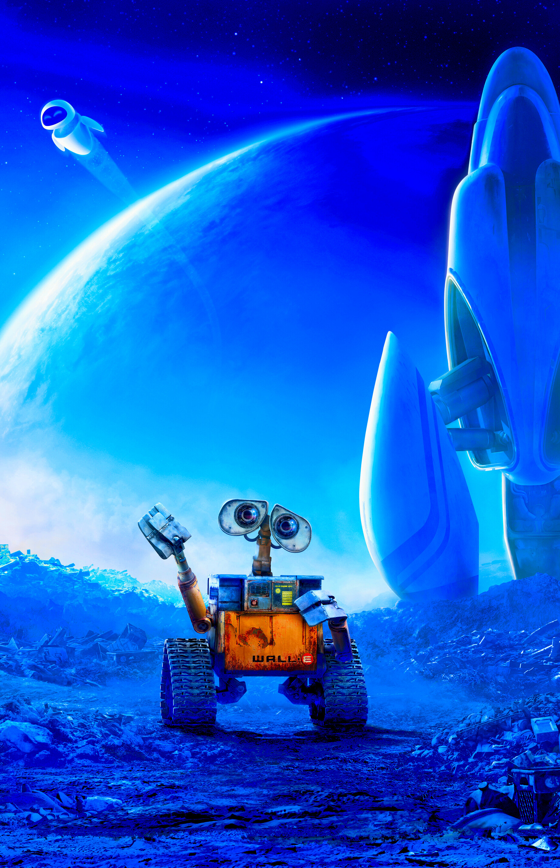 WALL·E: The film incorporates various topics including consumerism, corporatocracy, nostalgia, waste management, human environmental impact and concerns, obesity-sedentary lifestyles, and global catastrophic risk. 1850x2850 HD Background.