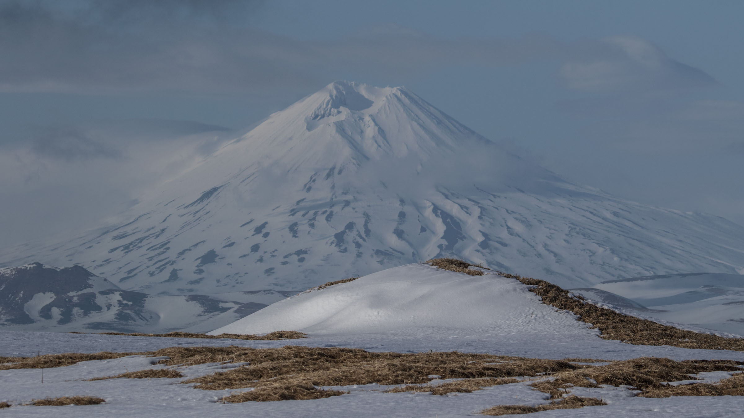 Shishaldin Volcano, Russia's natural wonder, Majestic landscapes, Geographical marvel, 2400x1350 HD Desktop