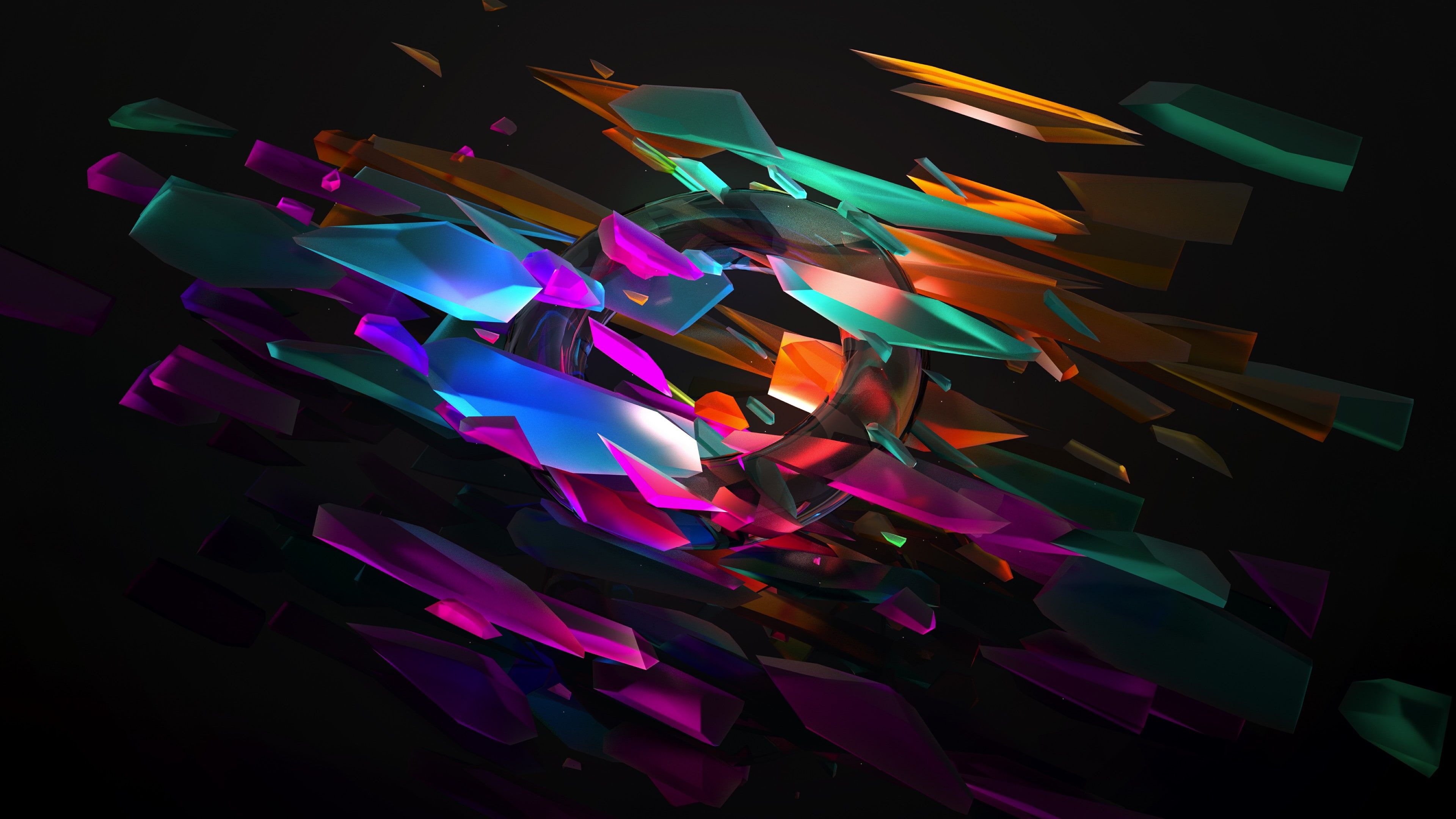 Graphic: Multicolored pieces in space, Abstract colorful shapes, Digital design. 3840x2160 4K Background.