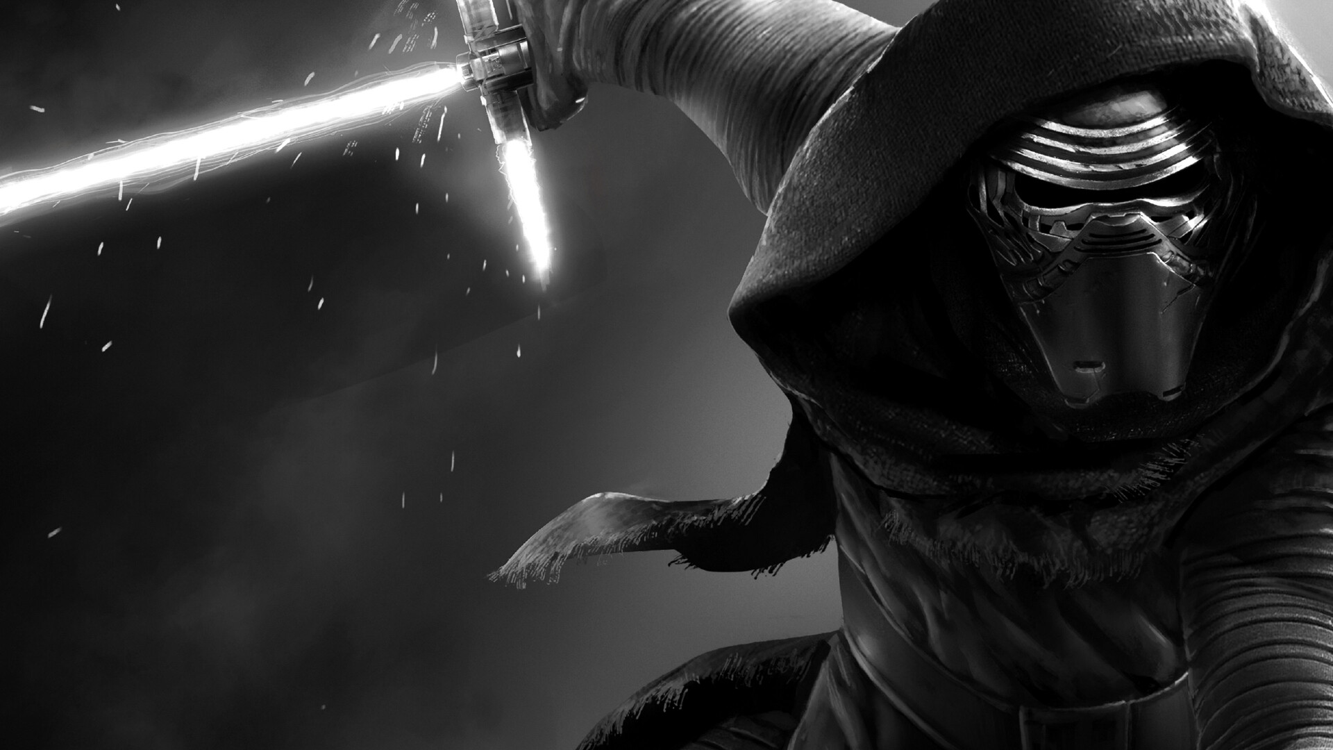 Star Wars: Kylo Ren, The child of characters Han Solo and Princess Leia Organa Skywalker, Monochrome. 1920x1080 Full HD Wallpaper.