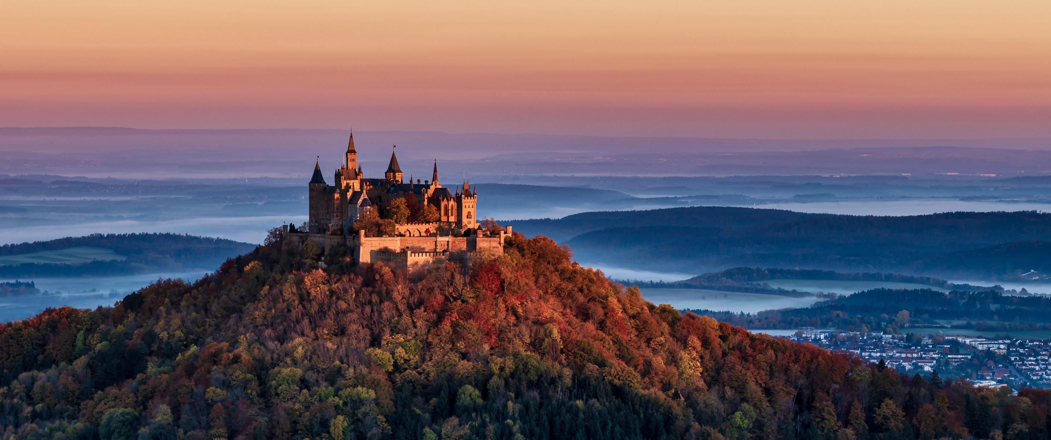 Castle: Hohenzollern, A prominent historical monument, The seat of the Brandenburg-Prussian rulers. 3440x1440 Dual Screen Wallpaper.