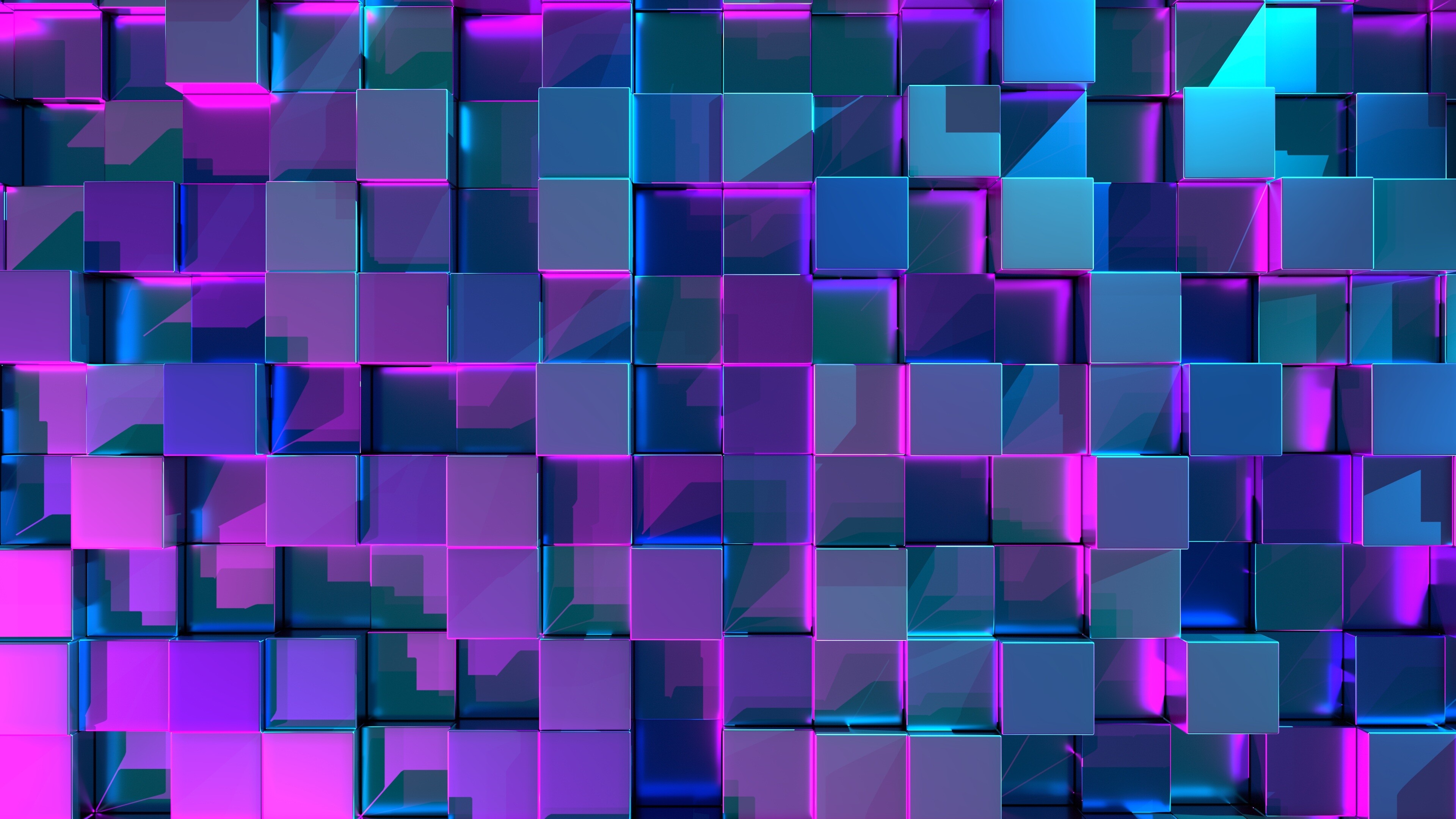 Geometry: Three-dimensional neon cubes, Abstract, Right angles. 3840x2160 4K Background.