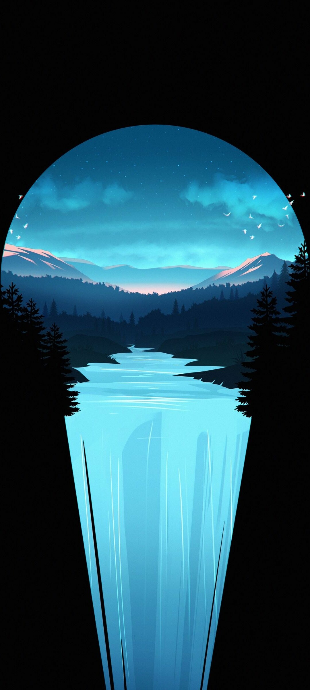 Waterfall: Vector art, A steep flow of river from a height, as over a precipice. 1080x2400 HD Background.