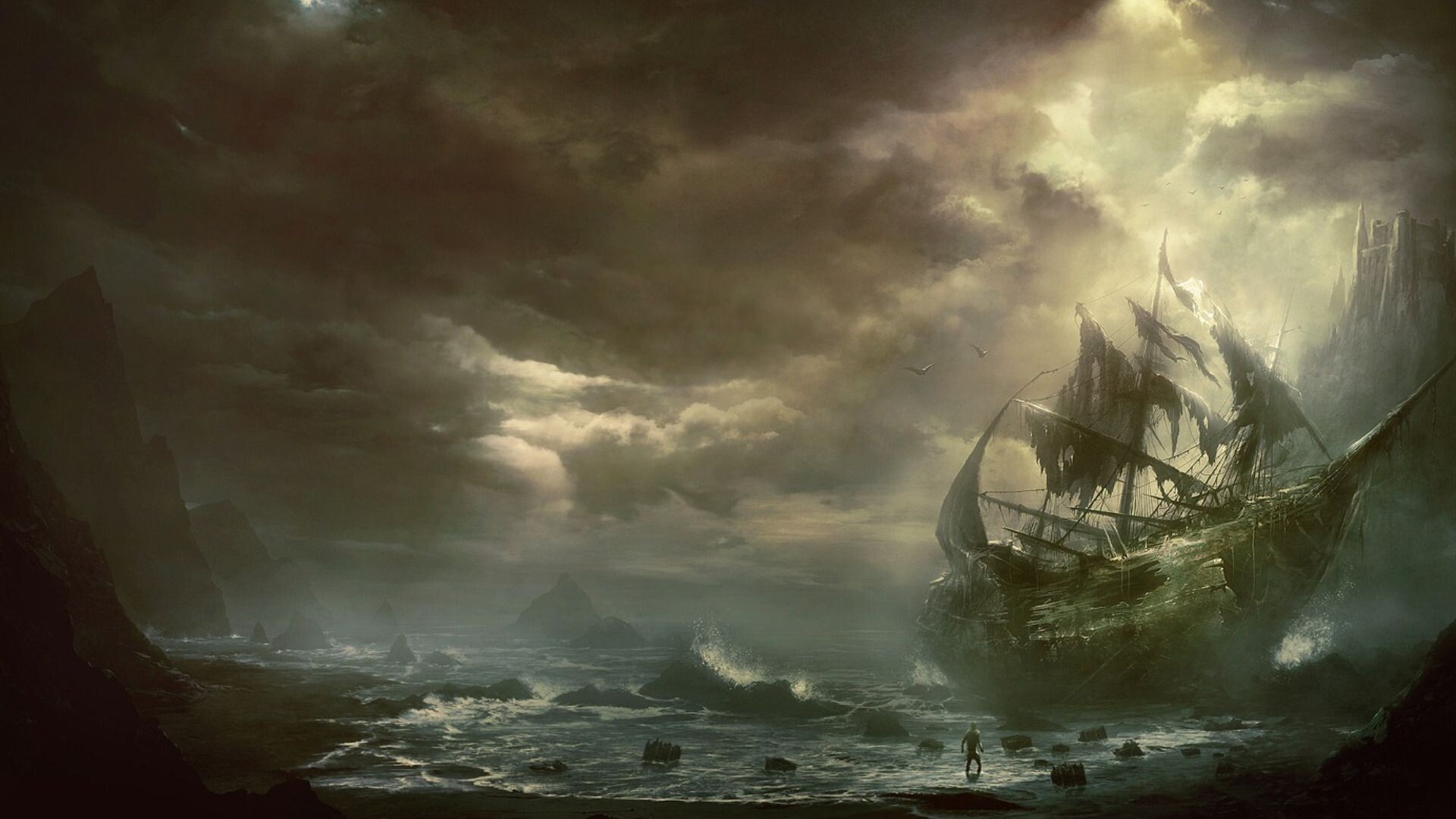 Ghost Ship: A shipwreck at the coast of the ocean, The front part of a commercial vessel. 1920x1080 Full HD Background.