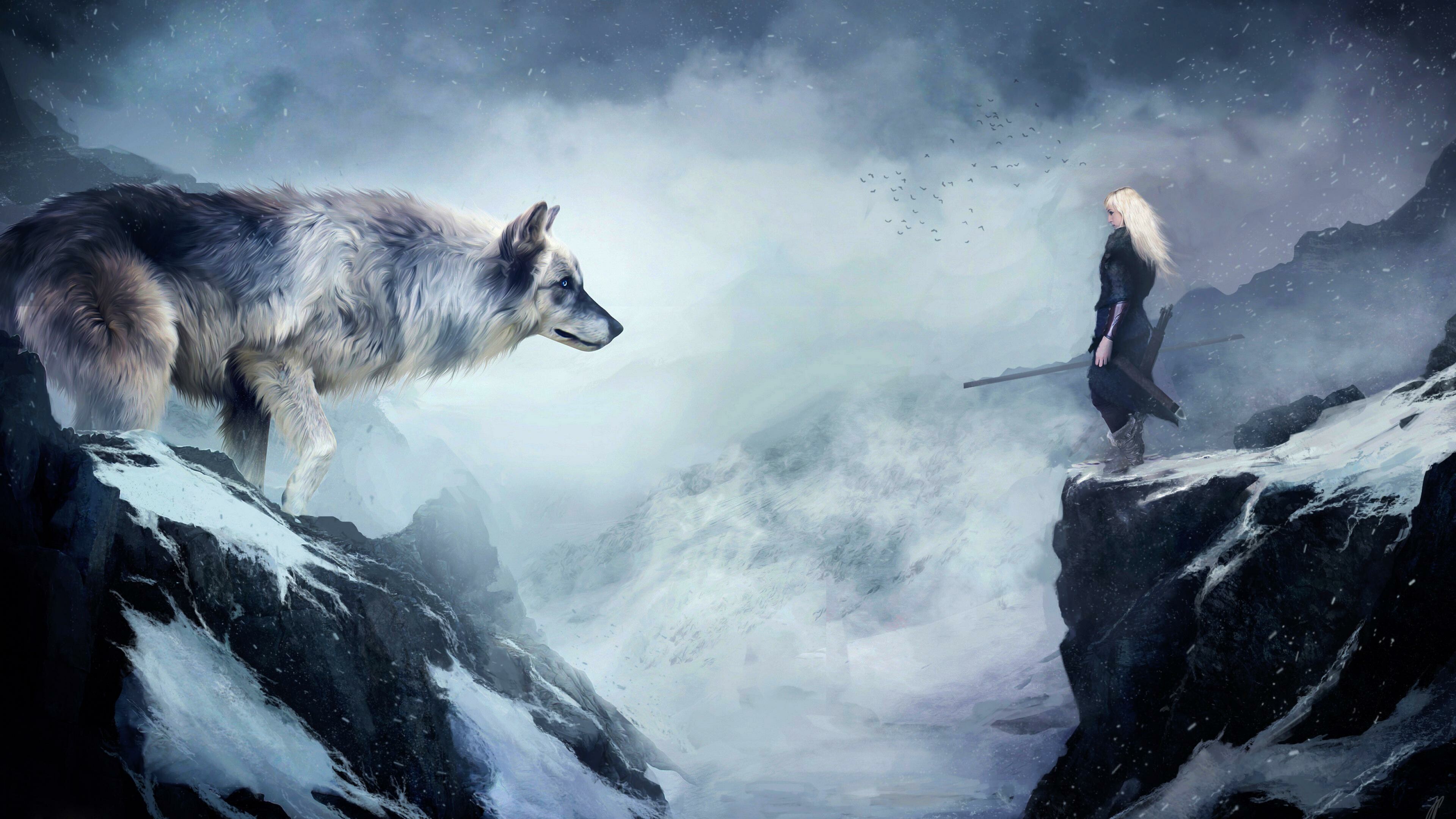 Wolf: Wolves are also territorial and fights over territory are among the principal causes of their mortality, Fantasy artwork. 3840x2160 4K Wallpaper.