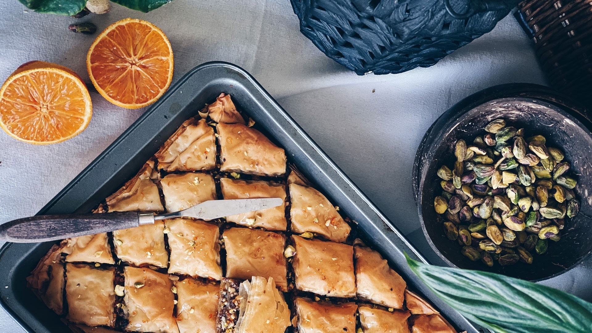 Baklava: A traditional dessert for Christmas and Easter celebrations in Greece. 1920x1080 Full HD Background.