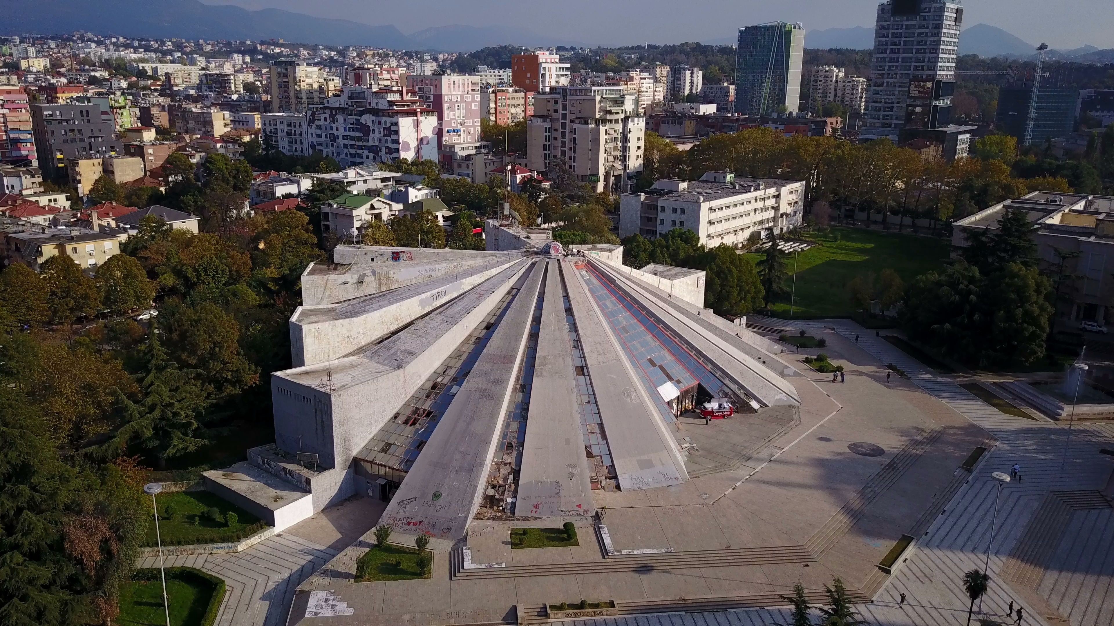 Tirana (Albania), Tilting aerial drone, Historic pyramid, Stock footage, 3840x2160 4K Desktop