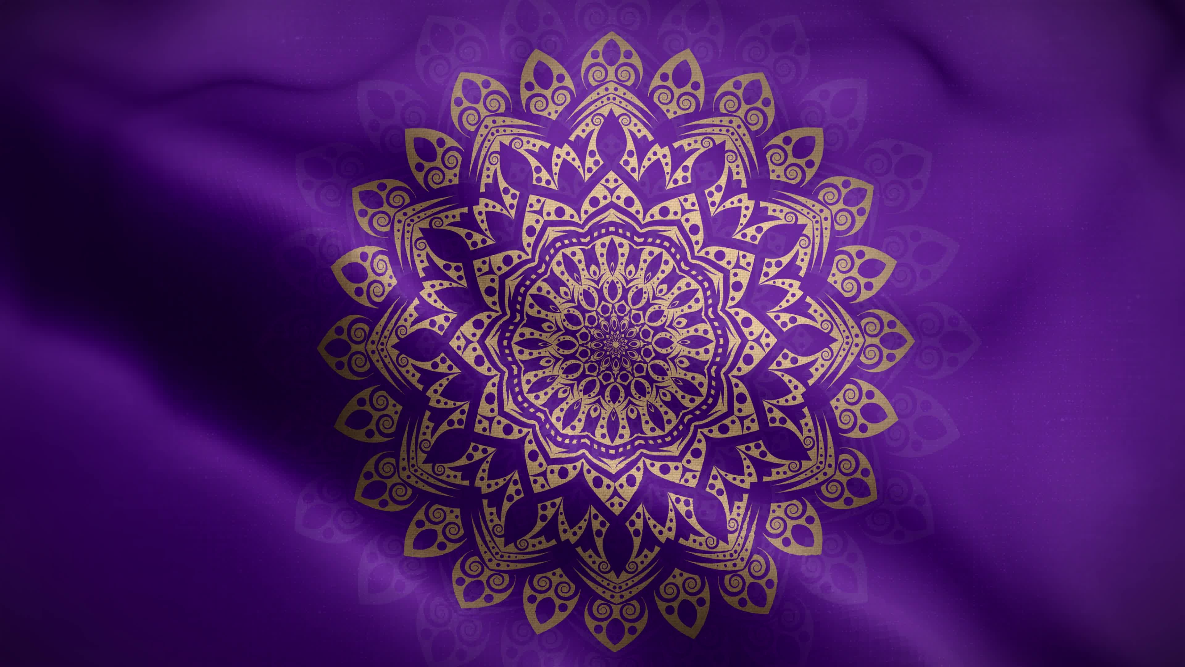 Golden mandala, Purple background, Lively flag, Stunning stock video, 3840x2160 4K Desktop