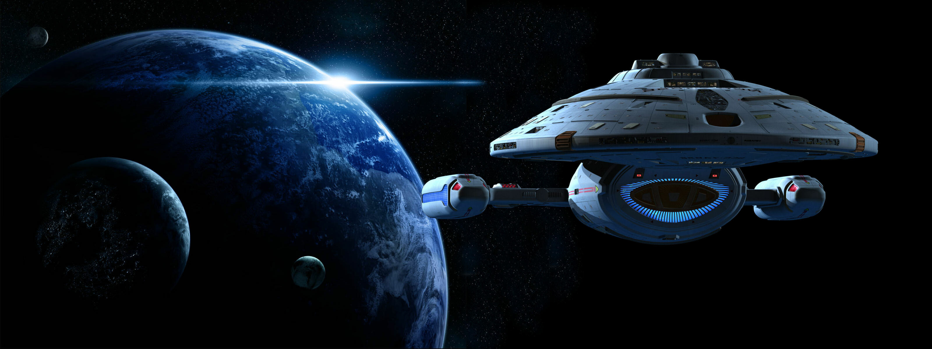 Star Trek: Spacecraft, Astronomical object, The Federation starship. 3200x1200 Dual Screen Wallpaper.