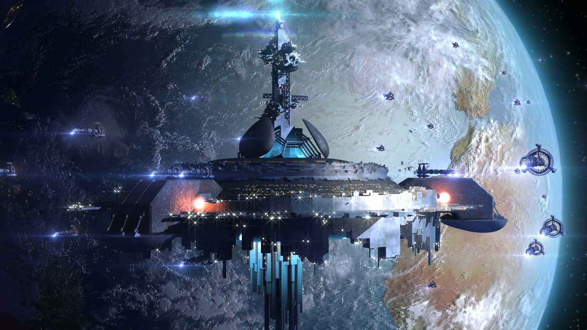 Space Station: Alien mothership, A large manned artificial satellite. Sci-fi. 1920x1080 Full HD Wallpaper.