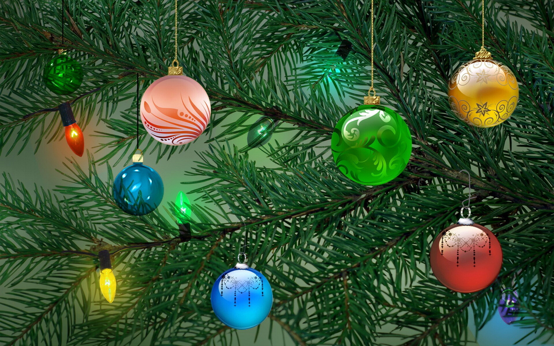 Garland: Christmas tree, Decoration, Electric bulbs. 1920x1200 HD Background.