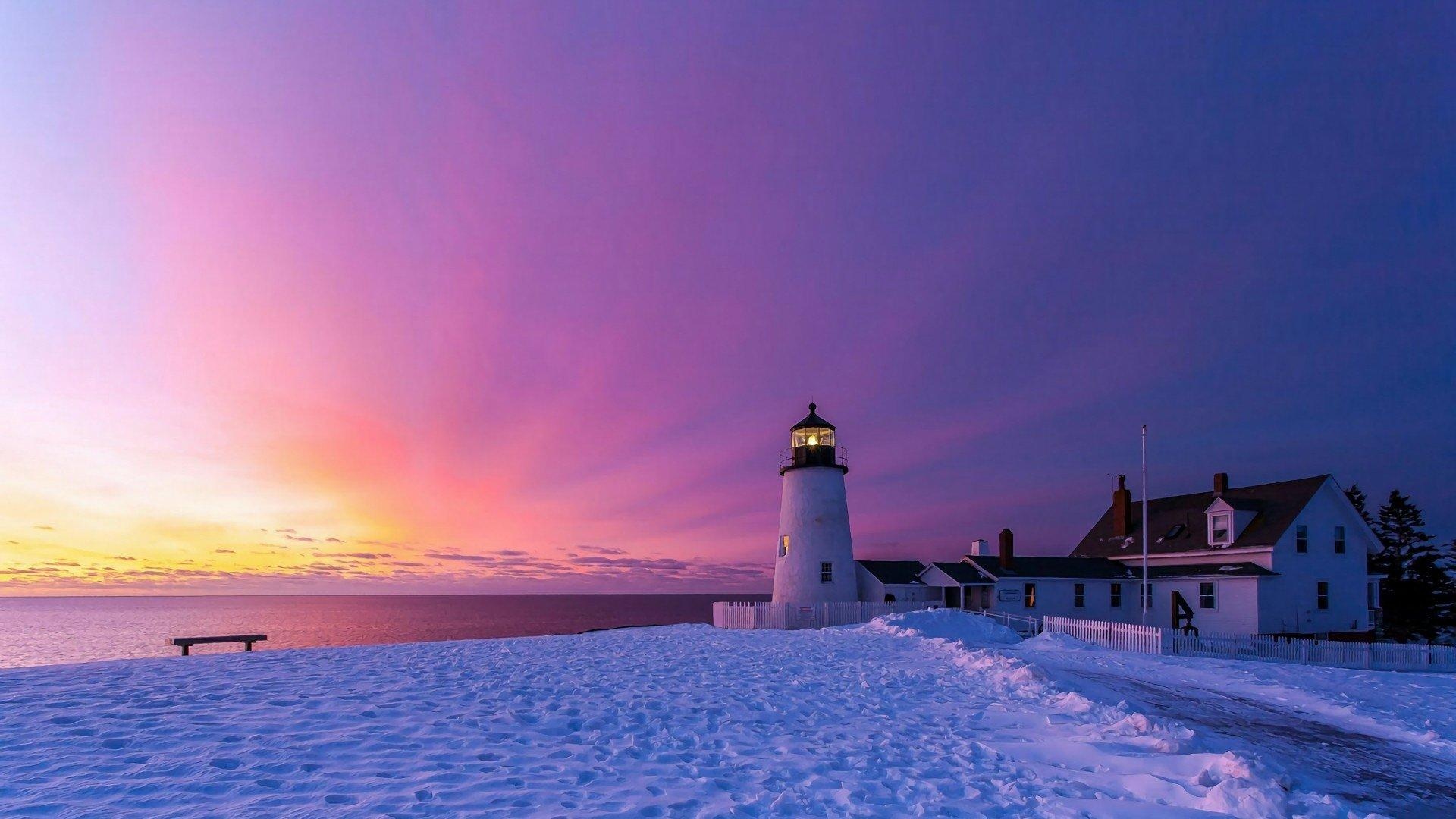 Winter lighthouse wallpapers, Snowy landscapes, Cozy atmosphere, Seasonal charm, 1920x1080 Full HD Desktop