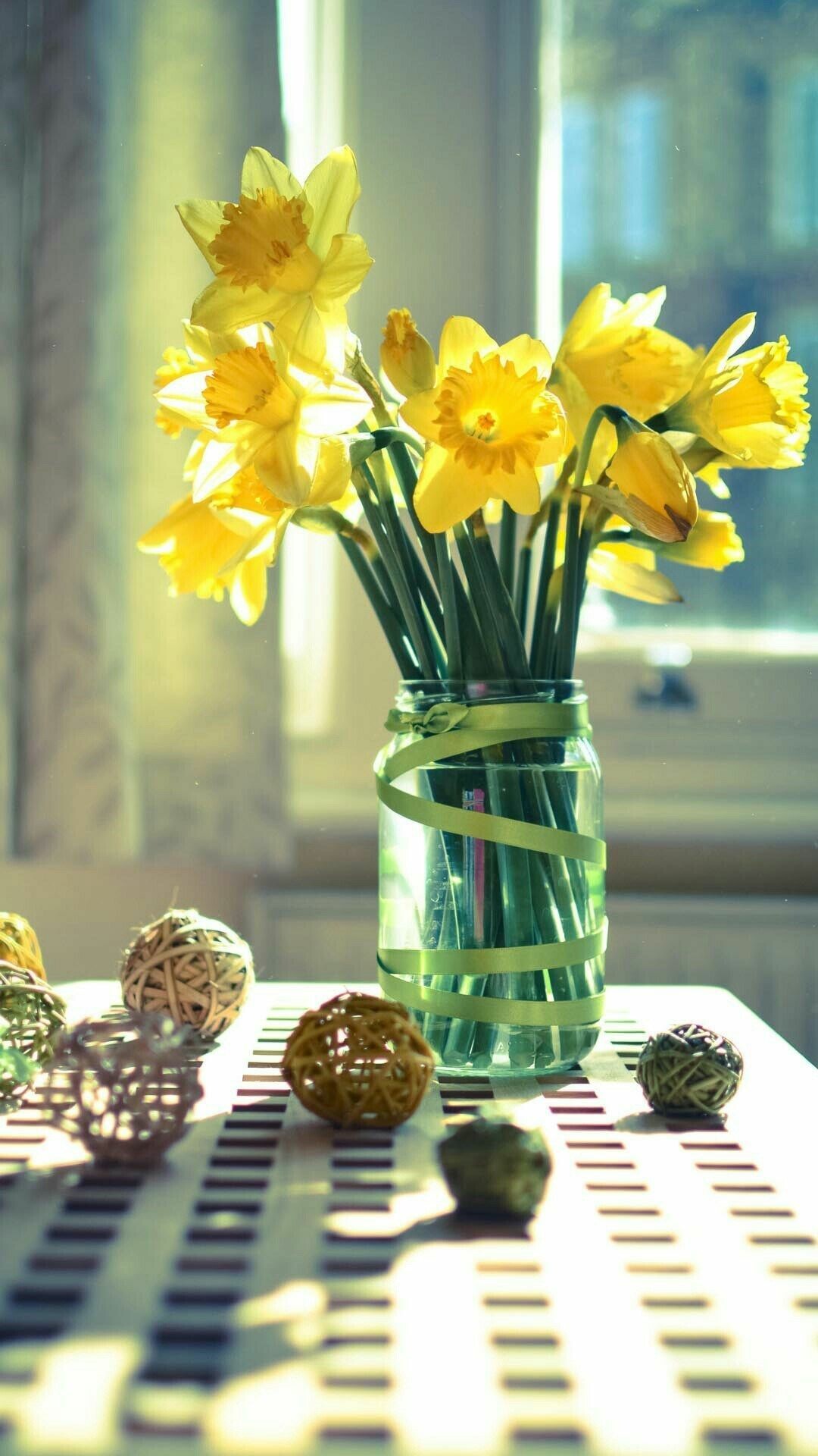 Flower Bouquet: Vase, Daffodils, Spring flowers. 1080x1920 Full HD Wallpaper.