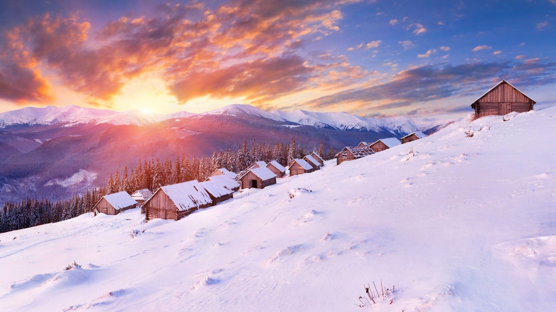 Snow, Mountain scenery, Winter hills, Cozy cabin, 1920x1080 Full HD Desktop