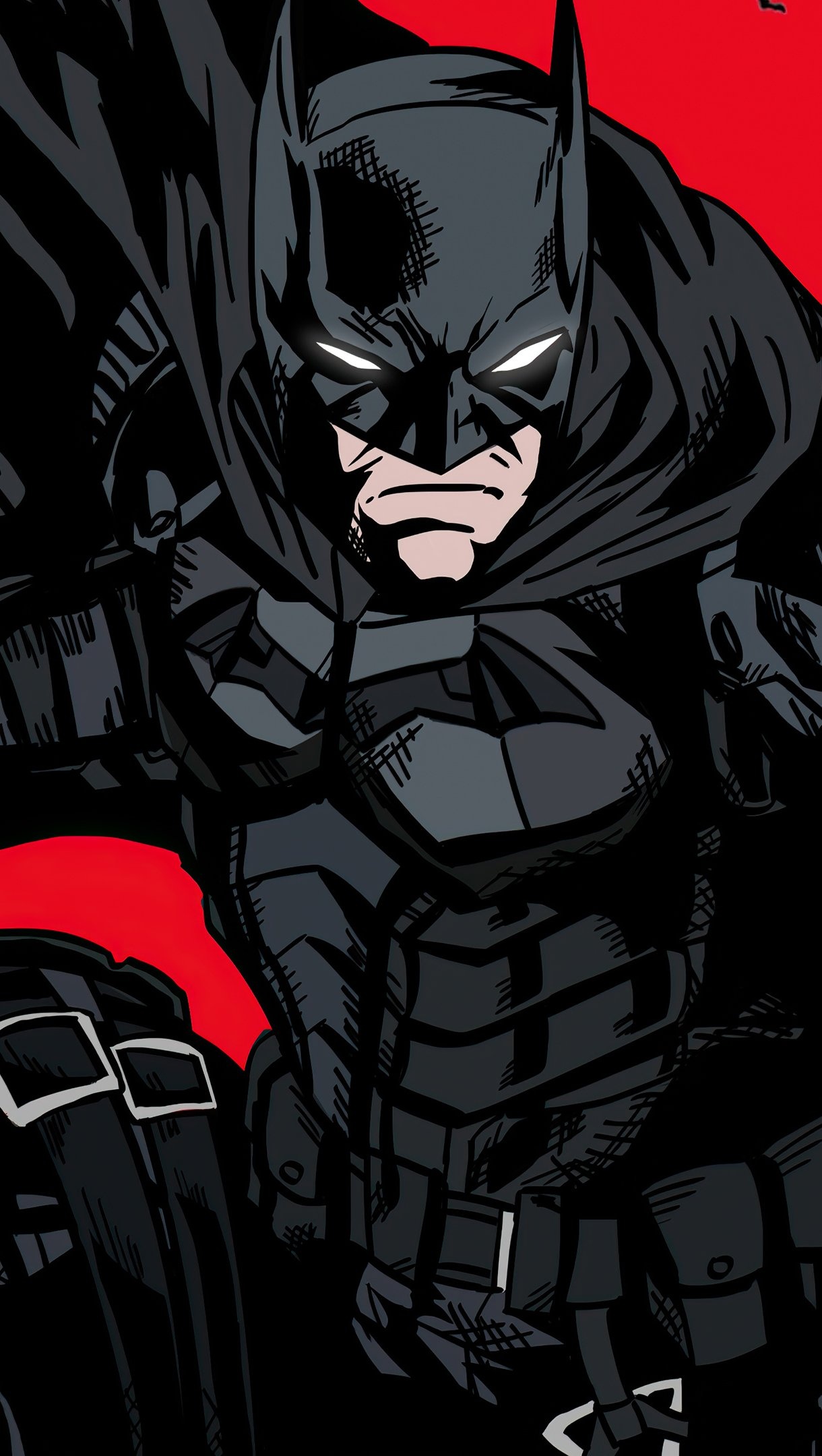 Batman's intense gaze, Night vigilante, Comic style art, Bold and stark, Caped Crusader, 1220x2160 HD Handy