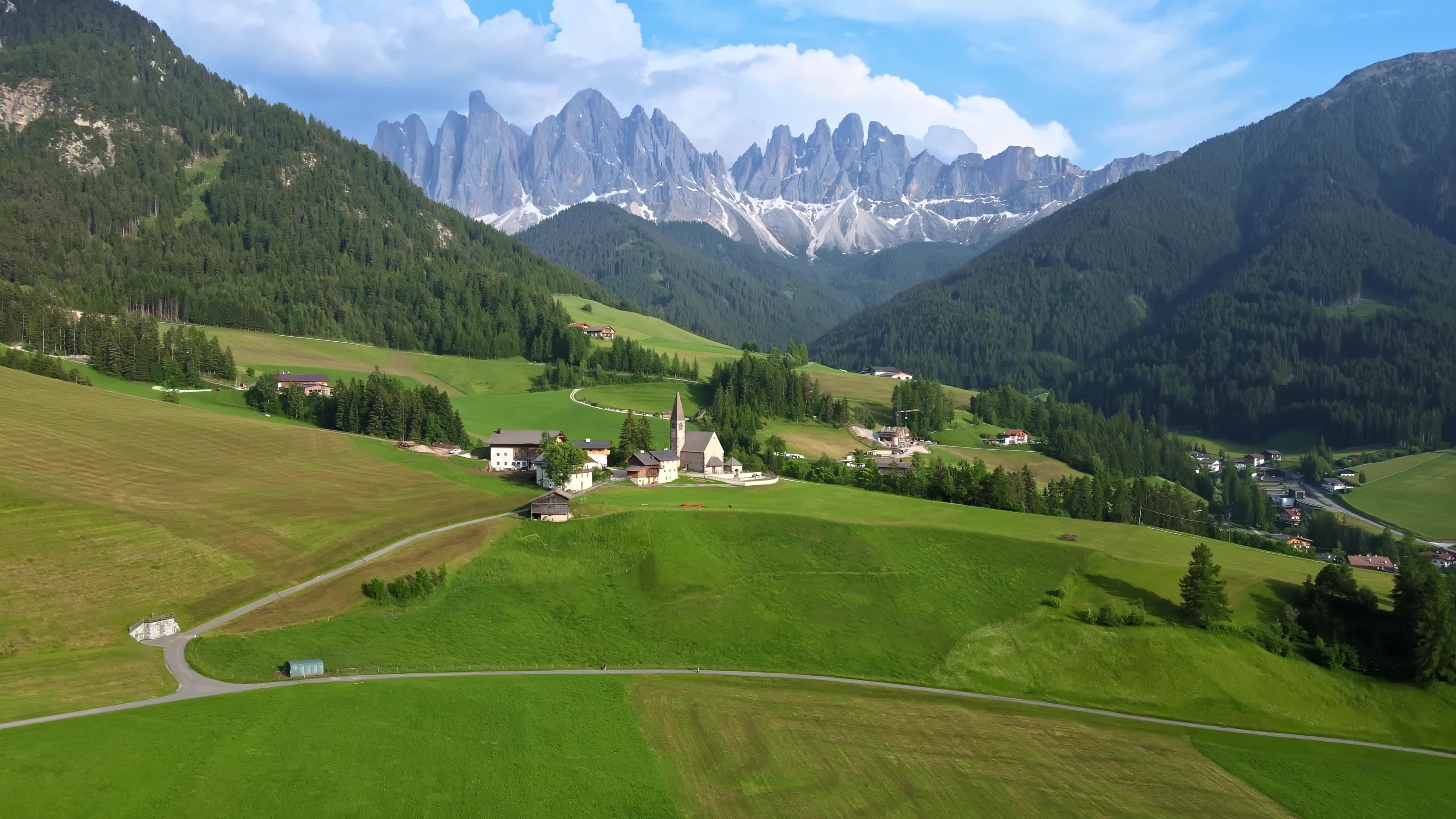 Landscape: Funes, A comune in South Tyrol in northern Italy, The mountain valley. 3840x2160 4K Background.