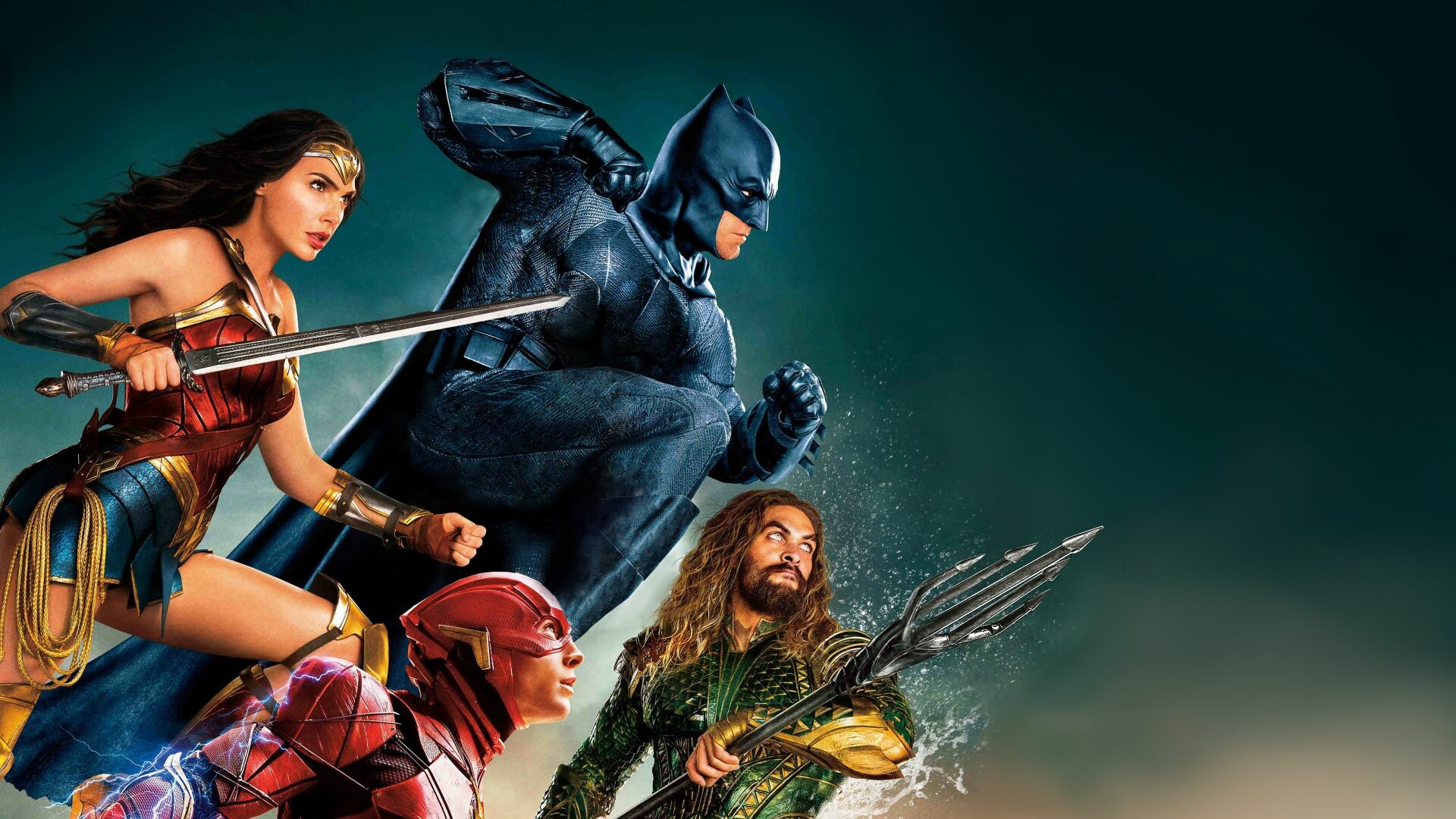 DC Heroes: Justice League, Jason Momoa as Aquaman, Ezra Miller as The Flash, Ben Affleck as Batman. 1920x1080 Full HD Background.