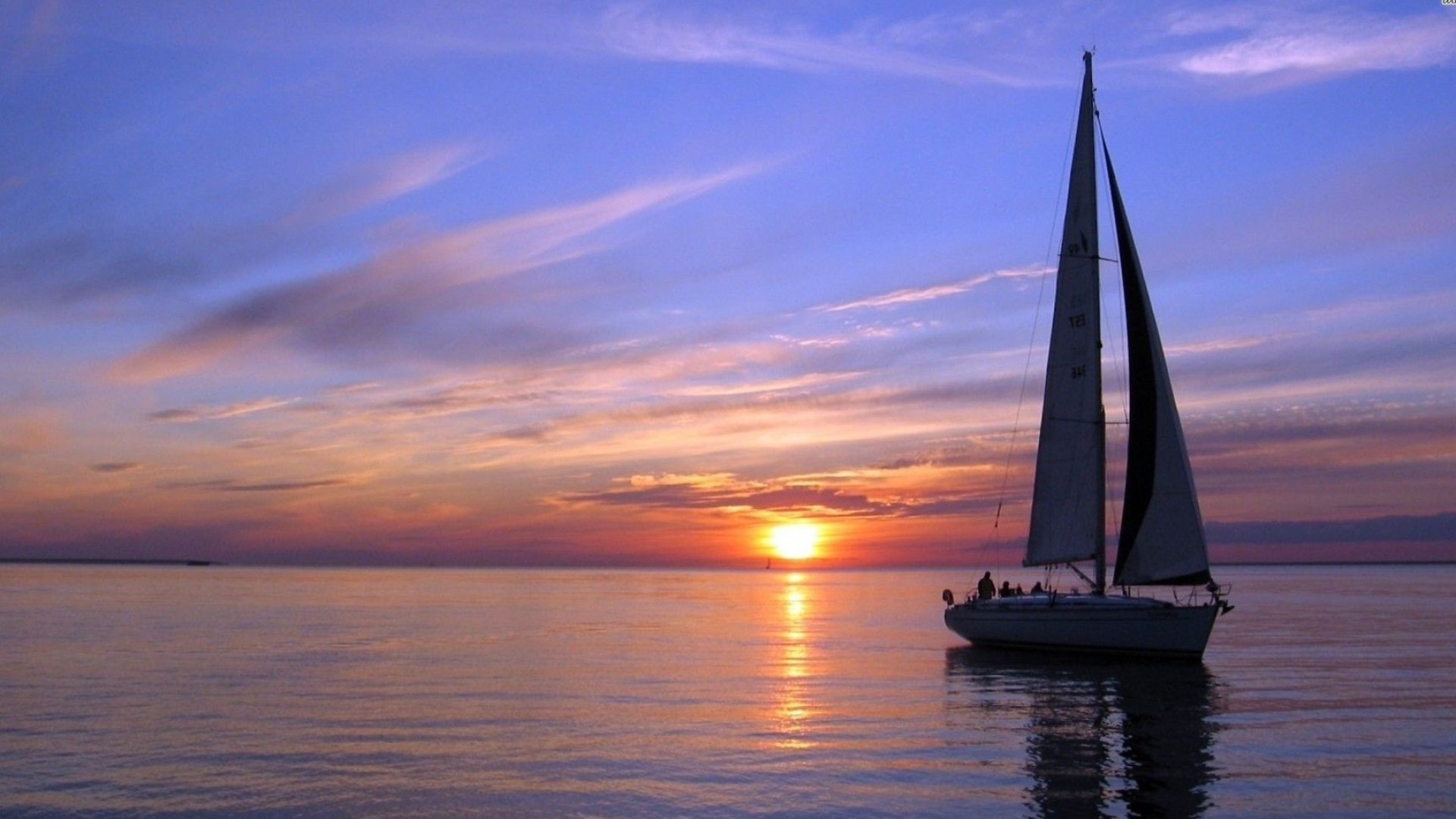 Sailboat sunset, Stunning backgrounds, Warm hues, Tranquility at dusk, 1920x1080 Full HD Desktop