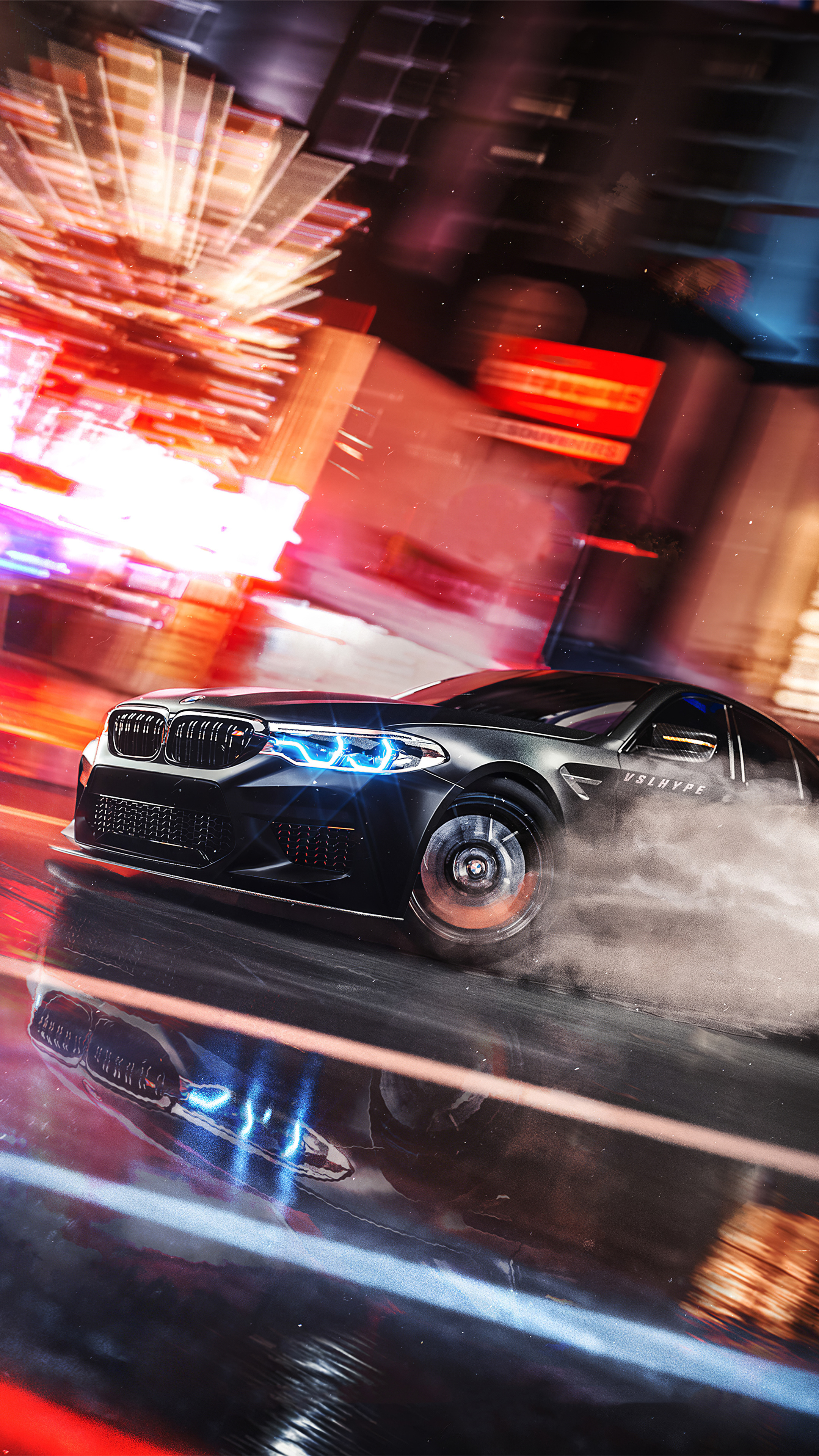 Drifting: BMW M5 model by VSLhype, Forza Horizon 4, Racing video game. 2160x3840 4K Background.