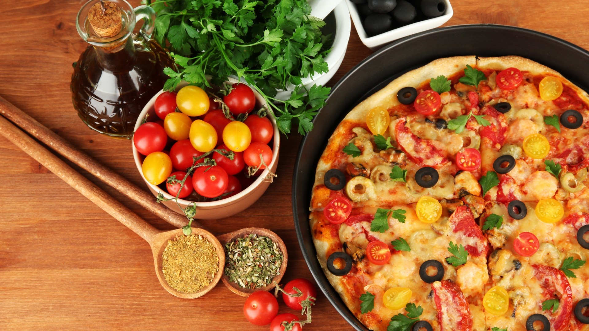 Pizza with cherry tomatoes, Italian cuisine, Tasty seasoning, Food photography, 1920x1080 Full HD Desktop