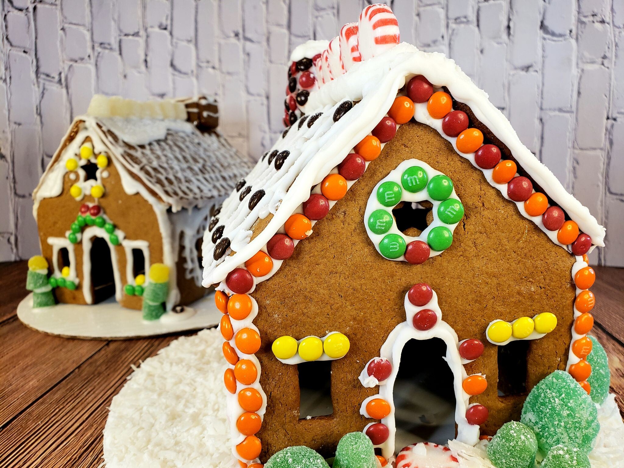 Gingerbread House: Gingerbread creations, Gumdrops, M&Ms, Candy canes, Peppermint swirl candies, Sprinkles. 2050x1540 HD Background.