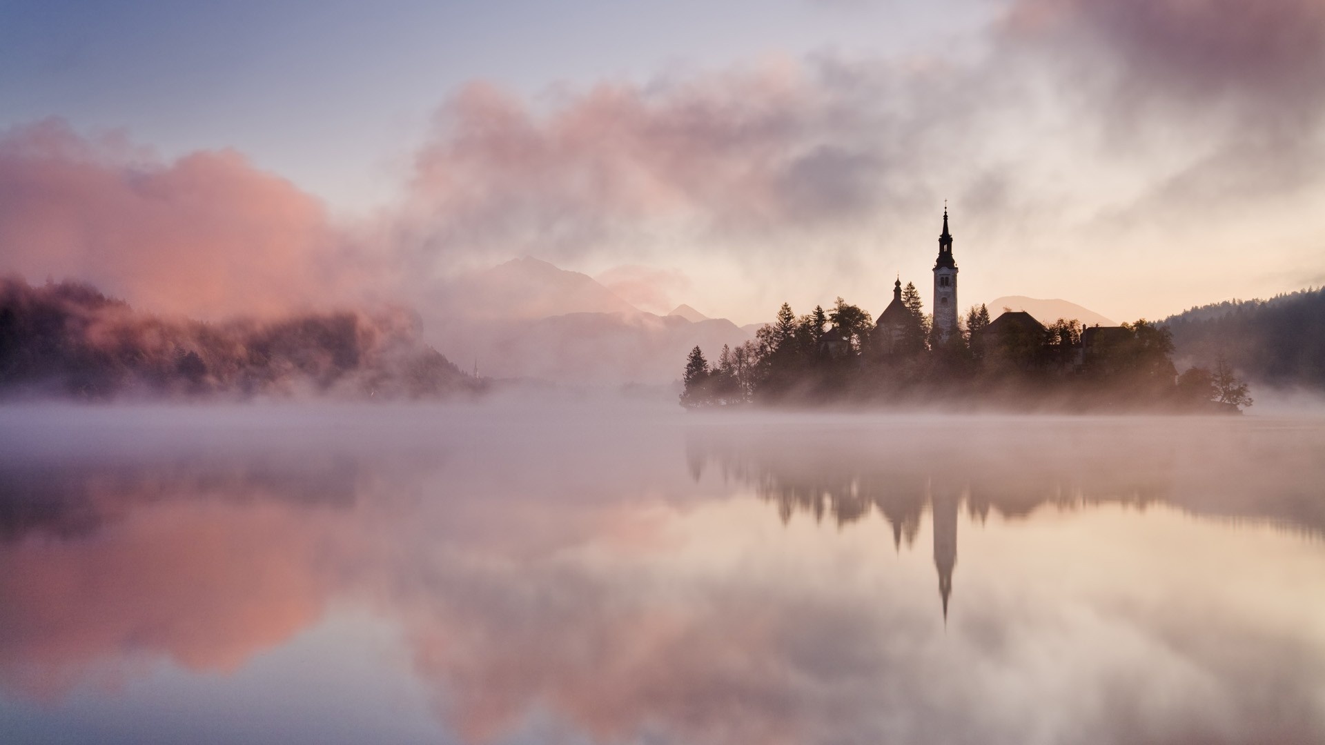 Lake Bled, Misty sunrise, Pink hues, Serene reflections, 1920x1080 Full HD Desktop