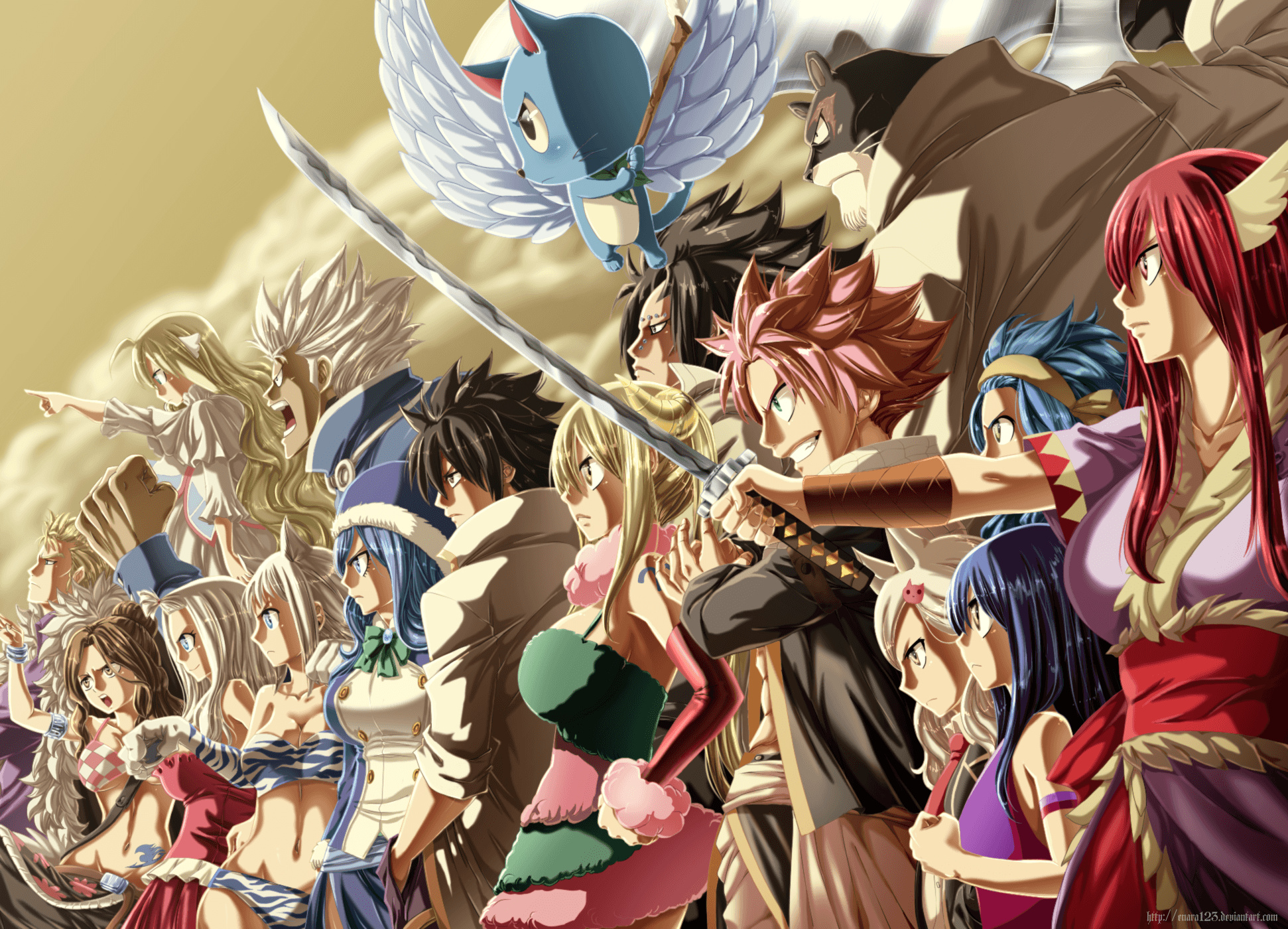 Happy (Fairy Tail): Manga characters, Natsu Dragneel, Lucy Heartfilia, Erza Scarlet. 1950x1400 HD Background.