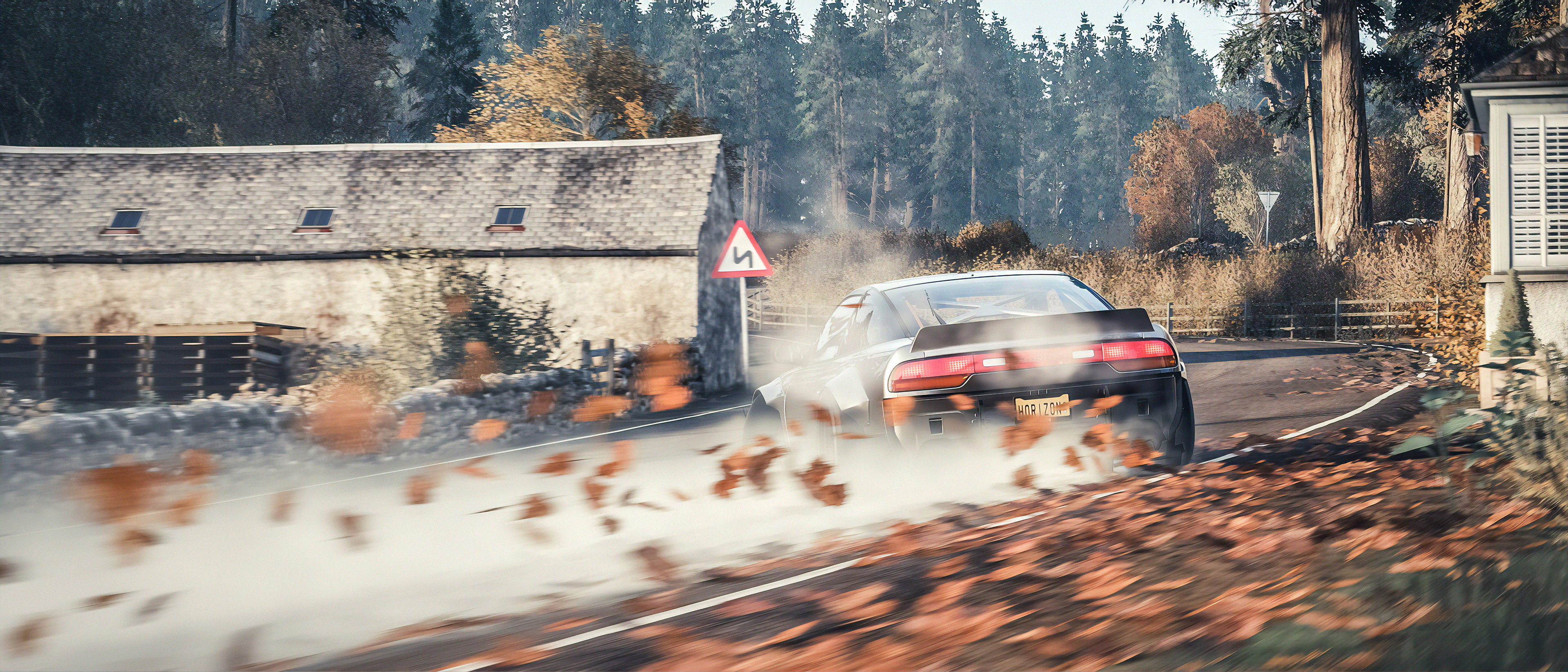 Drifting: Dodge Charger, Forza Horizon 4, Racing video game developed by Playground Studios. 3840x1650 Dual Screen Background.