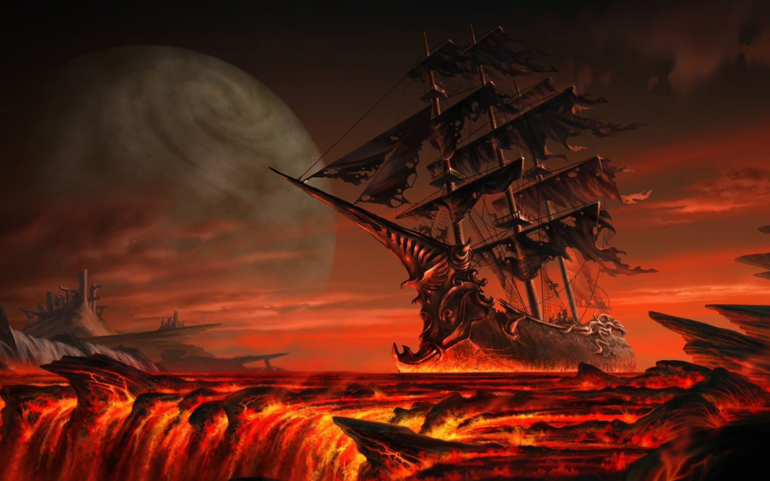 Ghost Ship: The fantasy-style phantom pirate vessel floating on lava, The Caleuche. 2560x1600 HD Background.