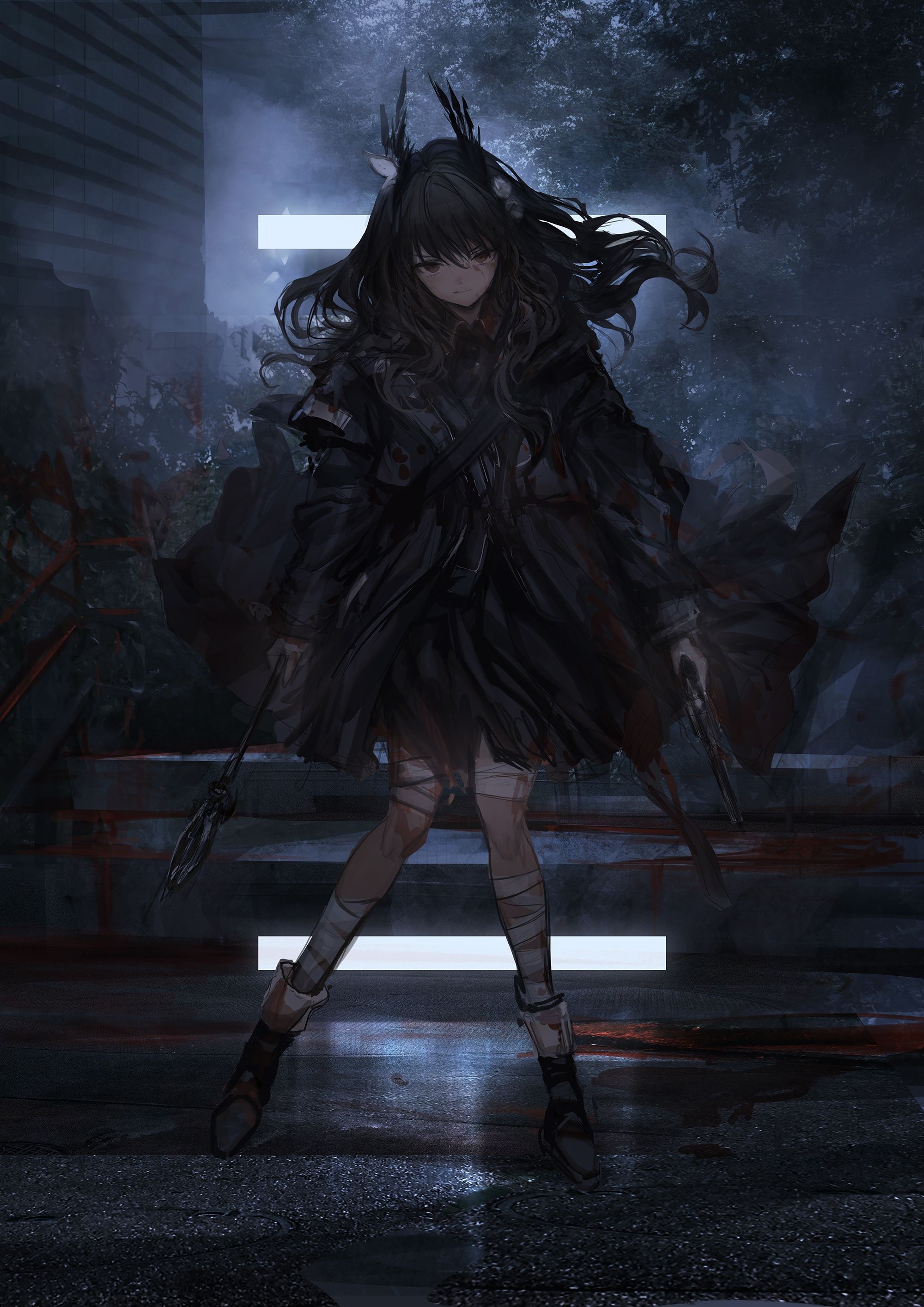 Gothic Anime: Sad gothic girl, Dark atmosphere, Night, Blood on the street, Fog. 2000x2830 HD Wallpaper.