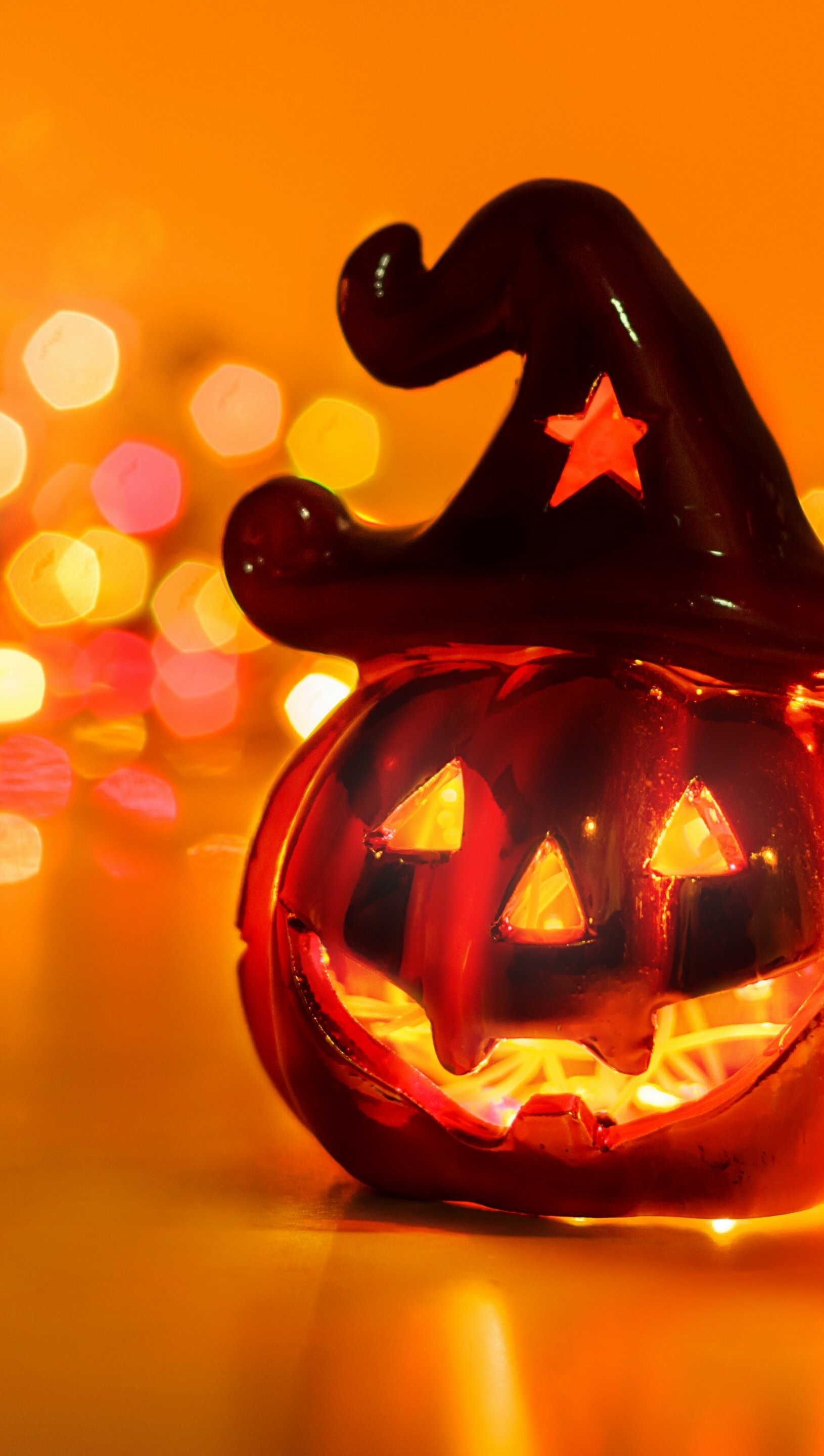Halloween: Pumpkins with ghoulish faces and illuminated by candles, Witch. 1630x2880 HD Wallpaper.